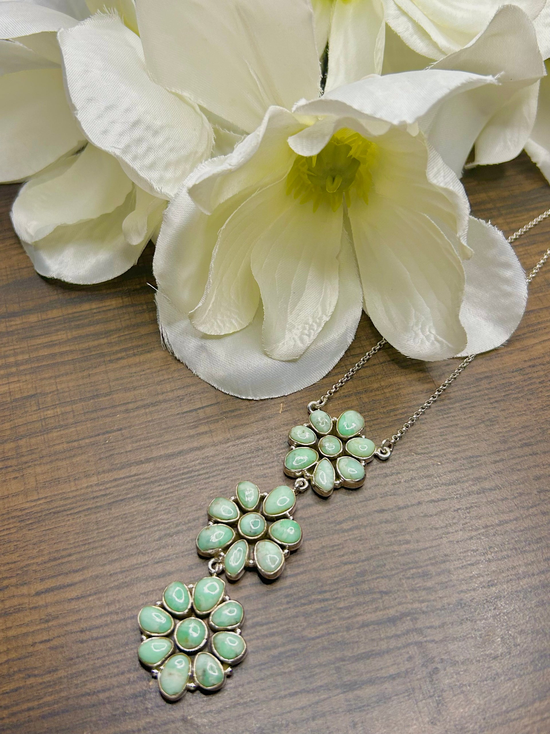 Southwest Made Palomino Variscite  & Sterling Silver Cluster Necklace