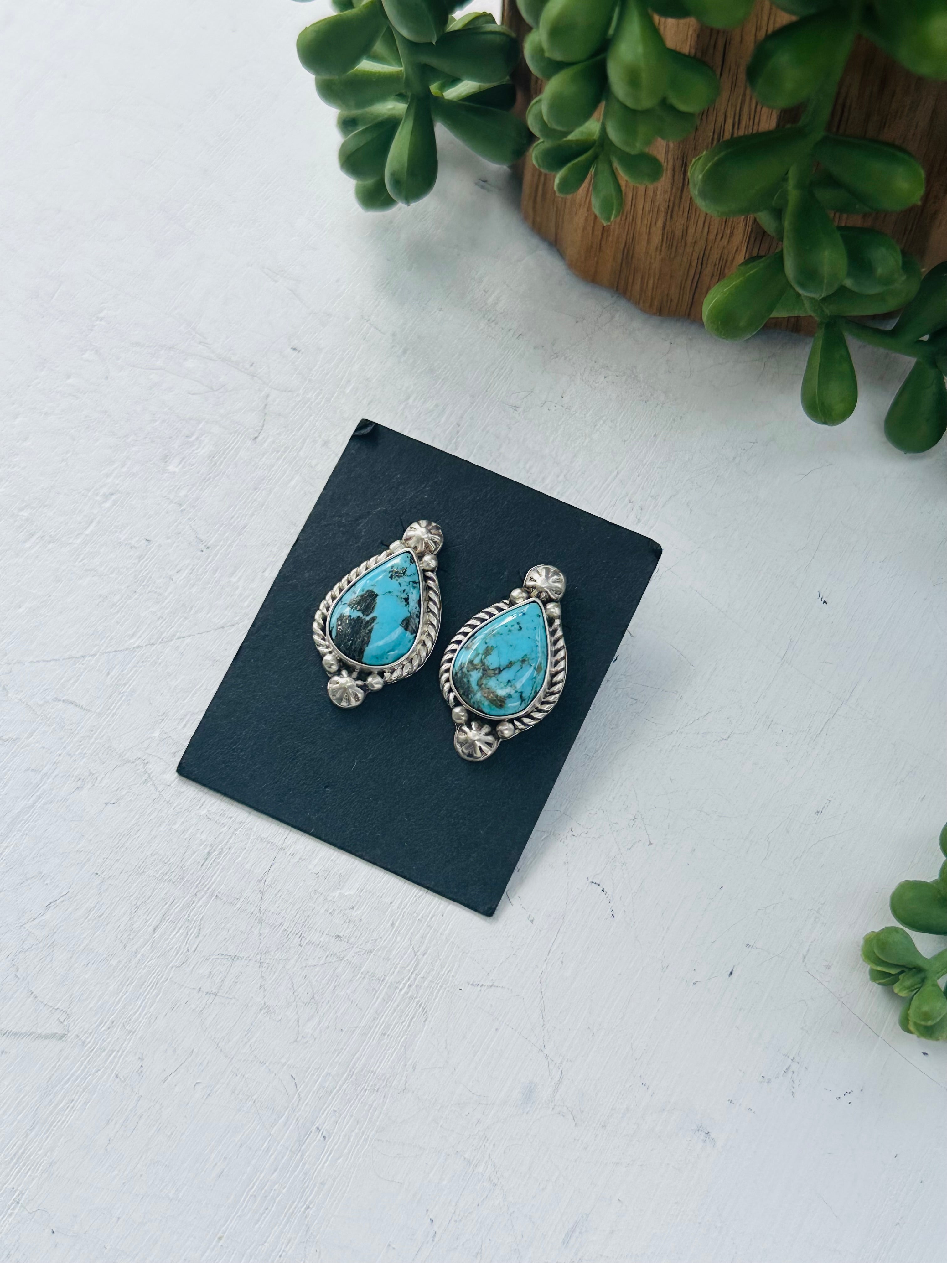 Navajo Made Kingman Turquoise & Sterling Silver Post Earrings