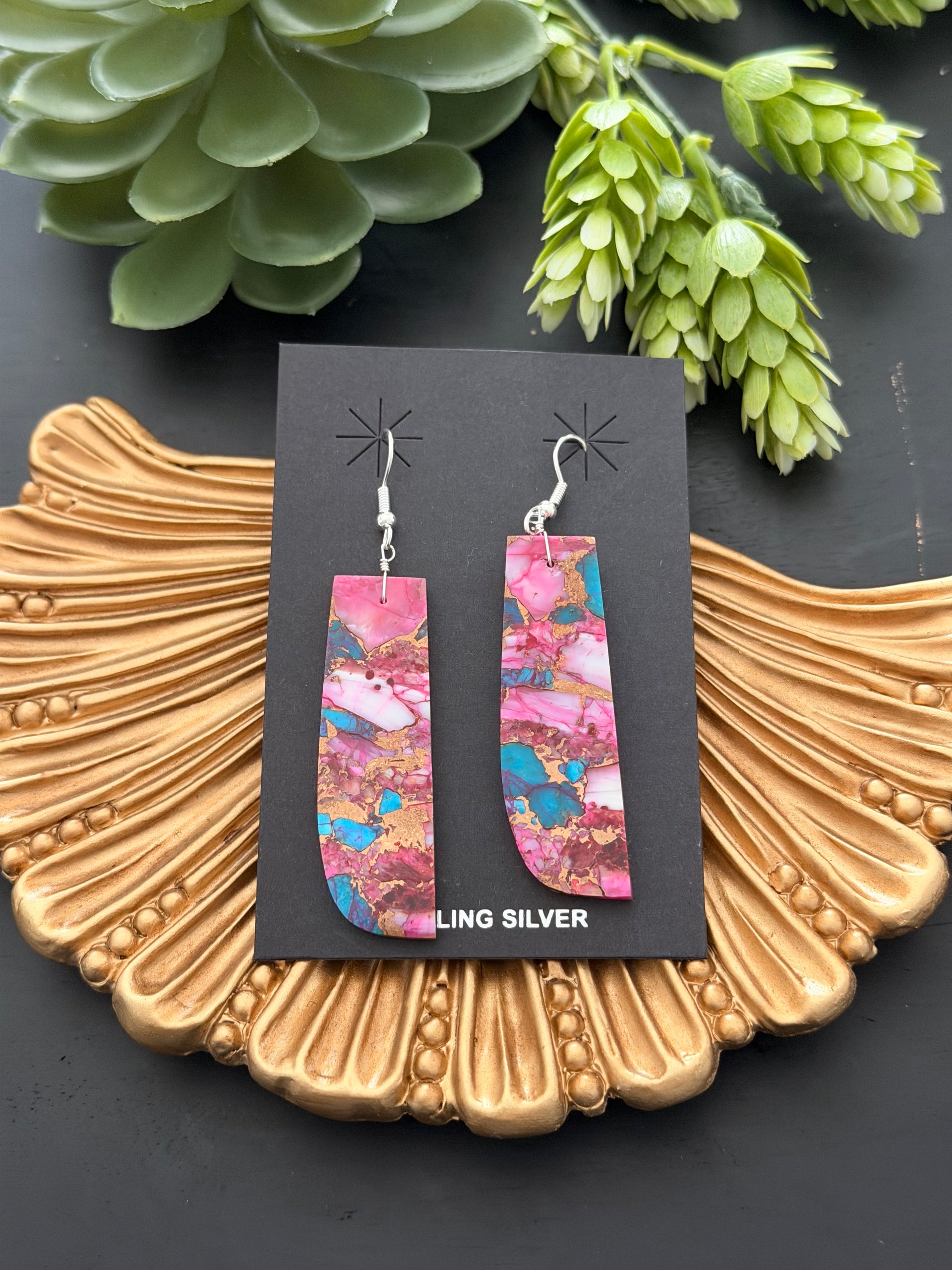 Navajo Made Purple/Pink Mohave Turquoise & Sterling Silver Slab Dangle Earrings