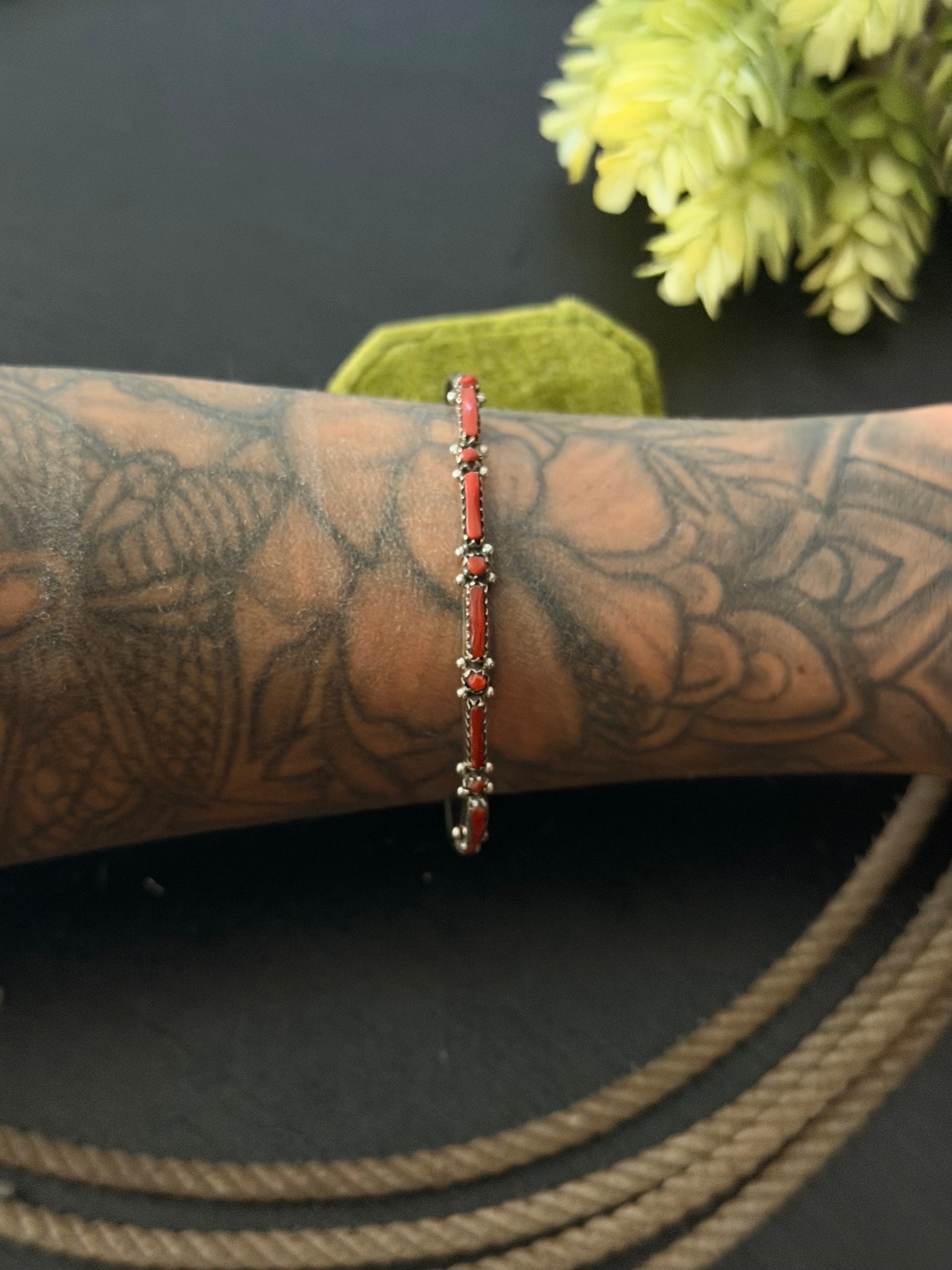 Zuni Made Coral & Sterling Silver Needlepoint Cuff Bracelet