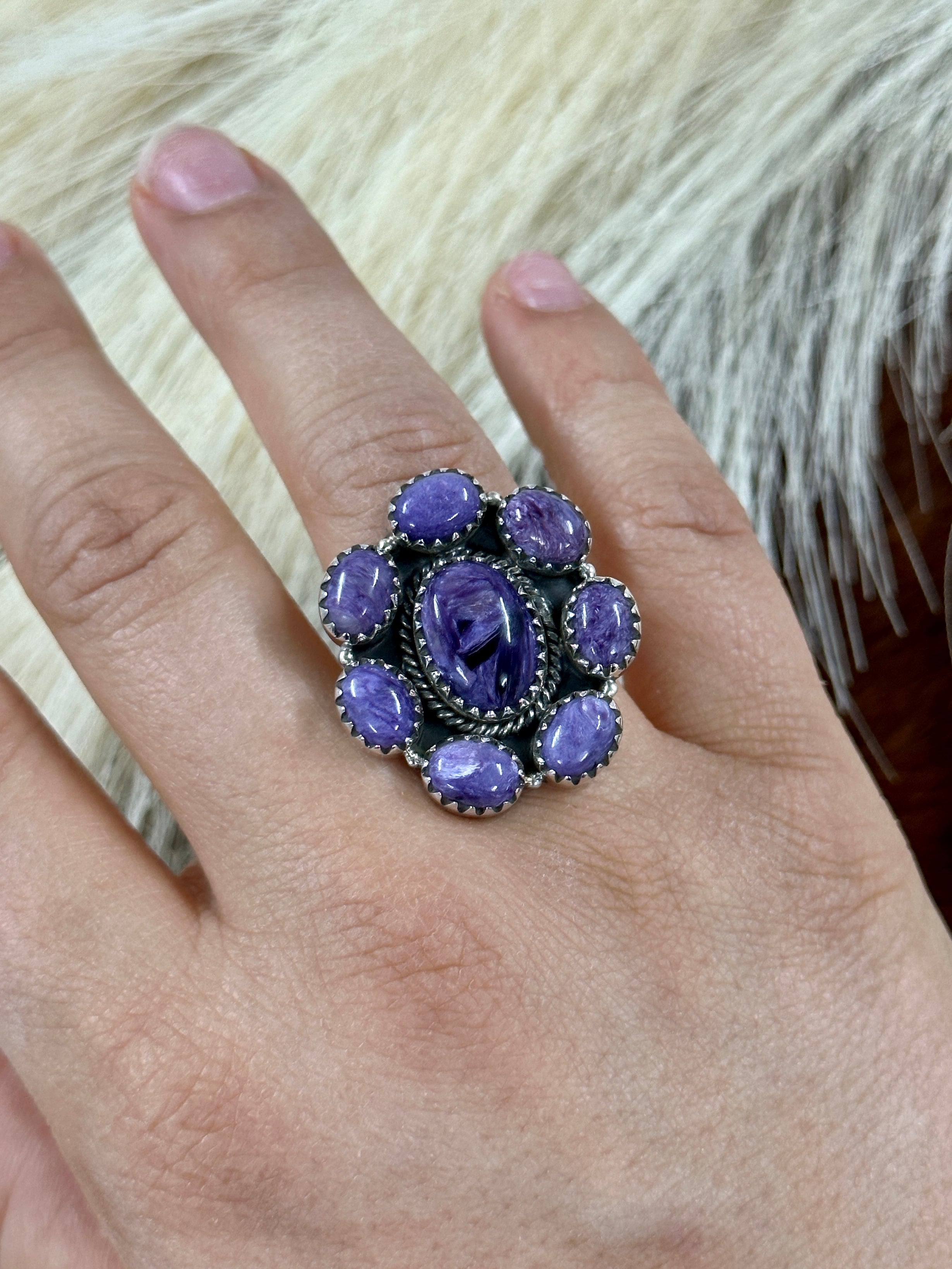 Southwest Handmade Charoite & Sterling Silver Adjustable Cluster Ring