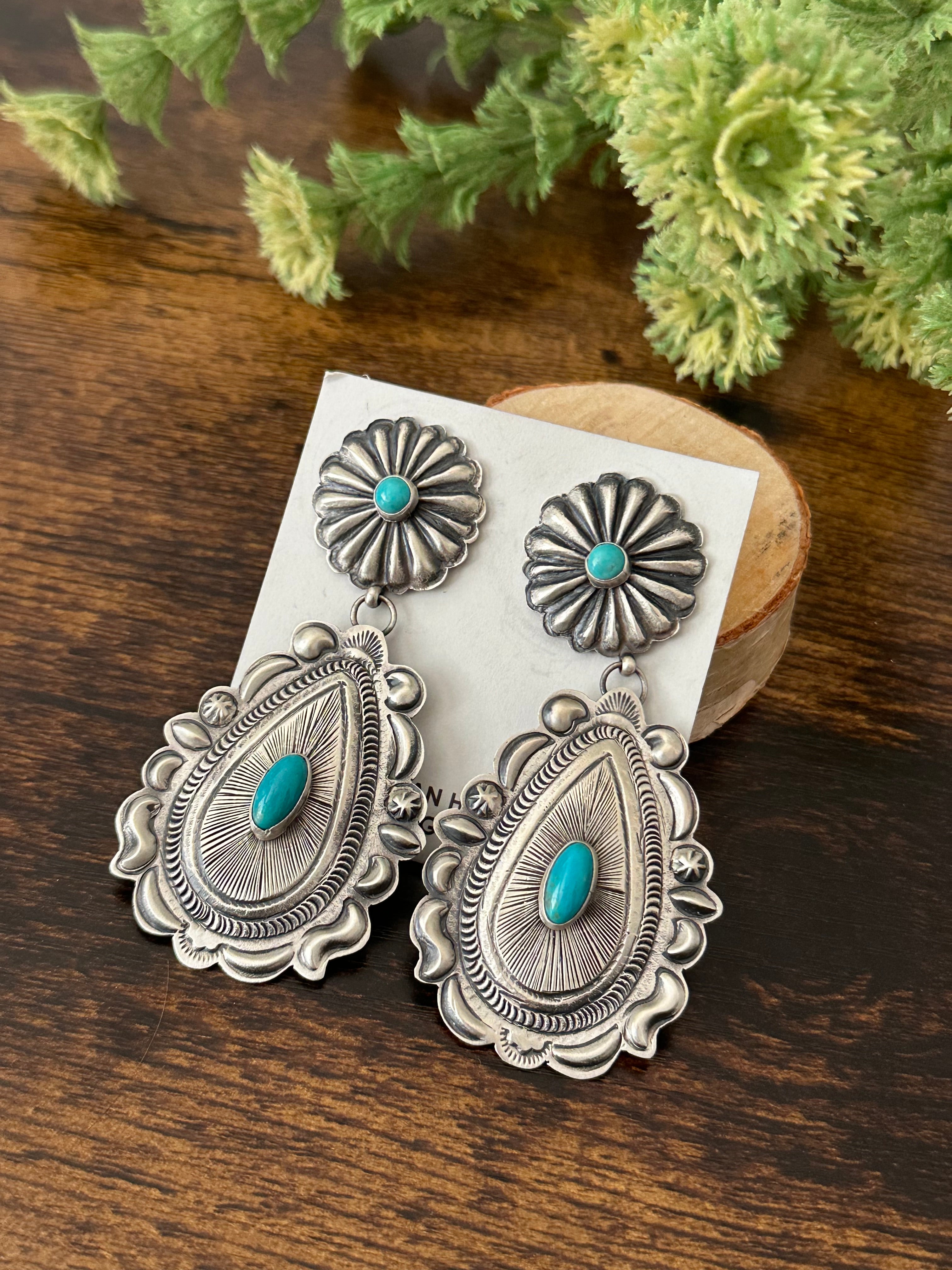 Eugene Charley Kingman Turquoise & Sterling Silver Post Dangle Earrings