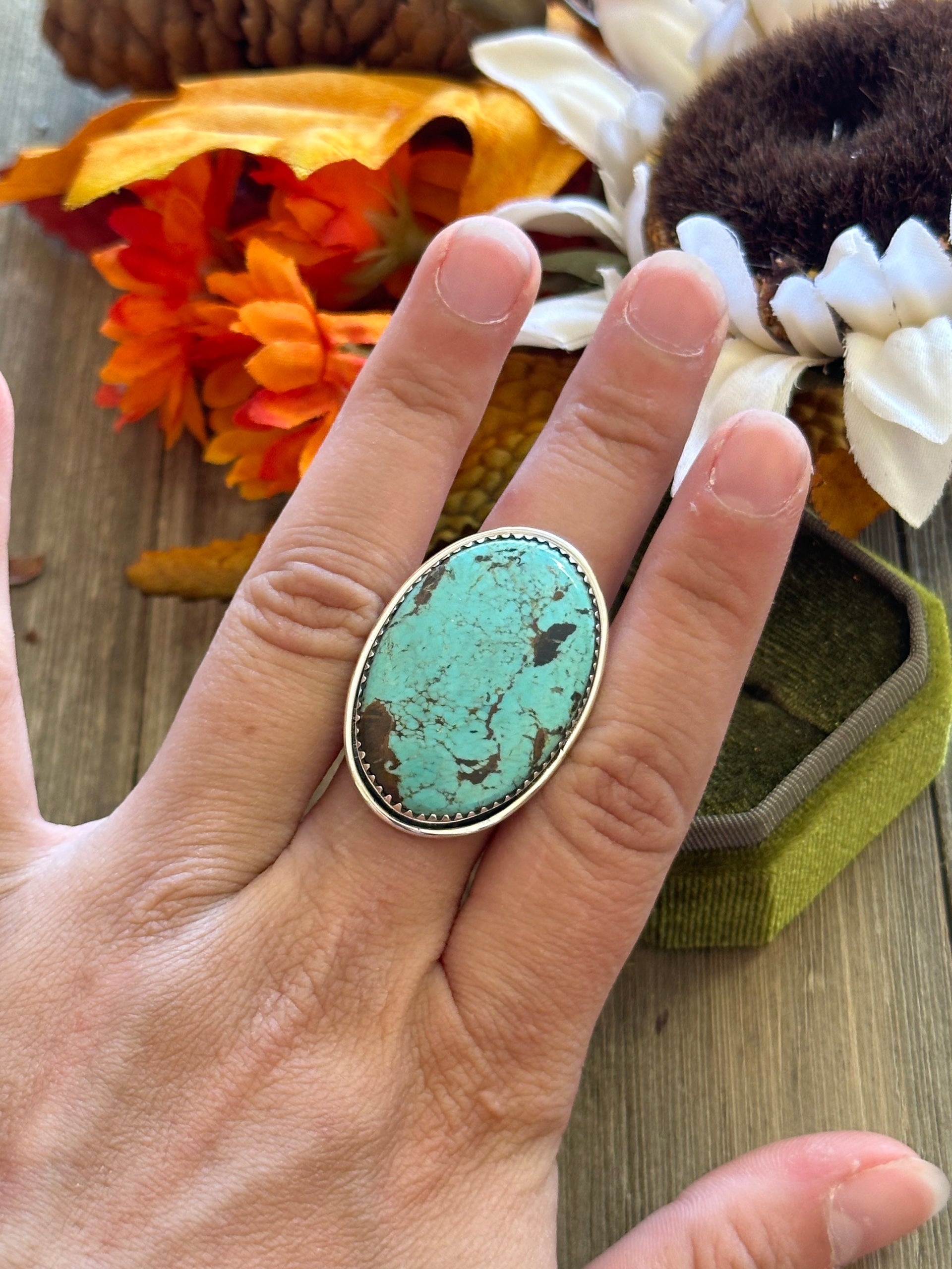Southwest Handmade #8 Turquoise & Sterling Silver Adjustable Ring