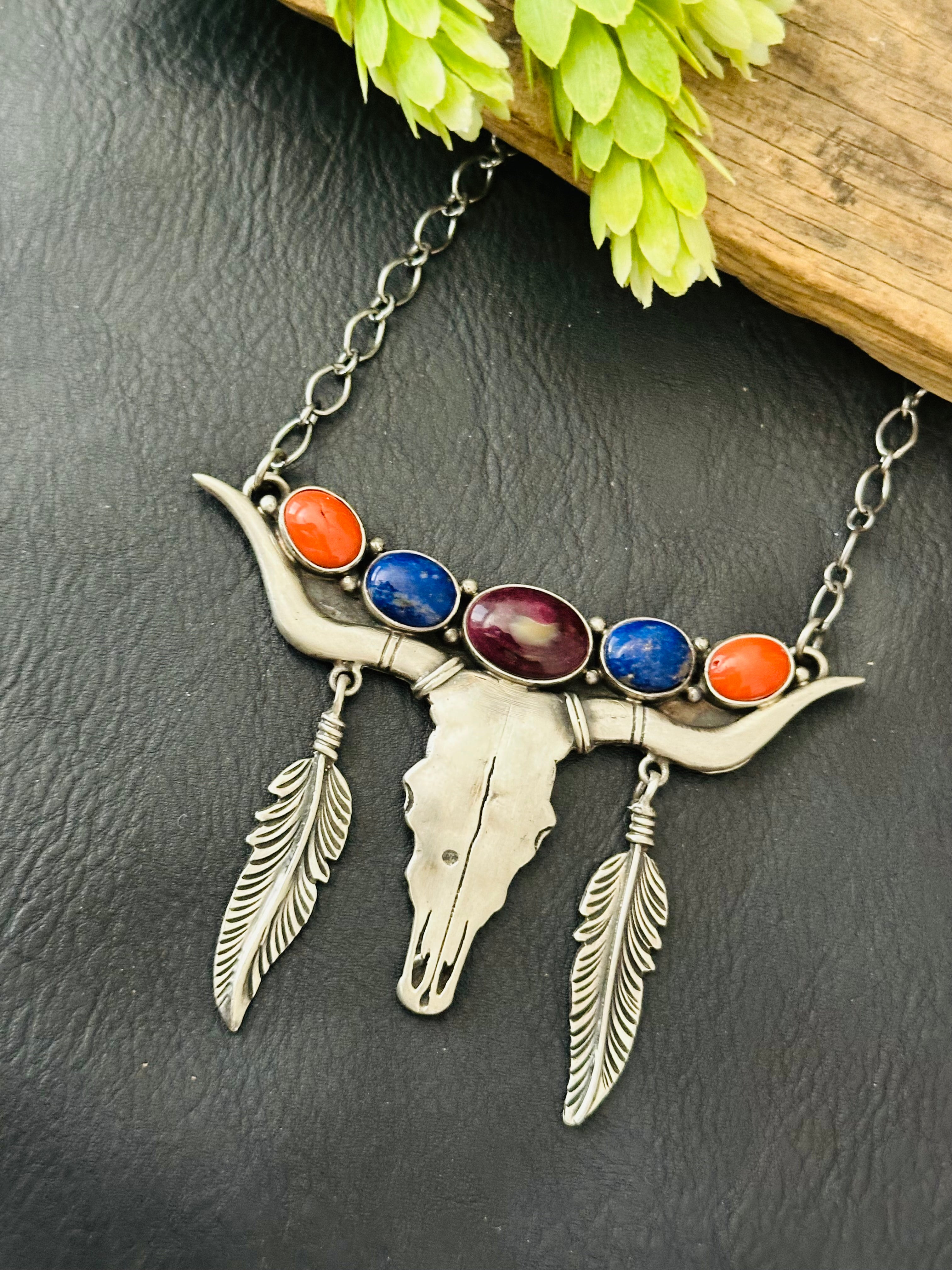 Mark Yazzie Multi Stone & Sterling Silver Bull Skull Necklace