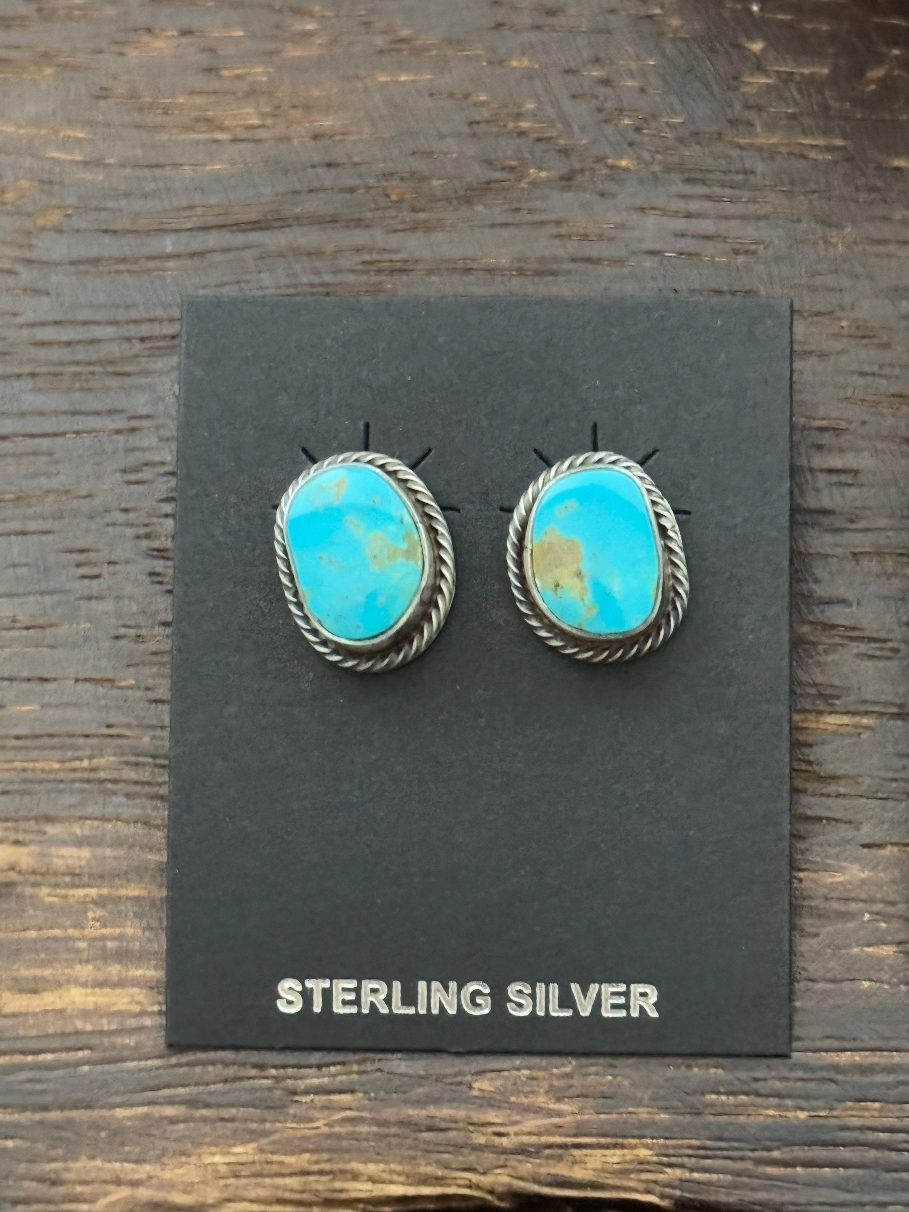 Navajo Made Kingman Turquoise & Sterling Silver Post Earrings