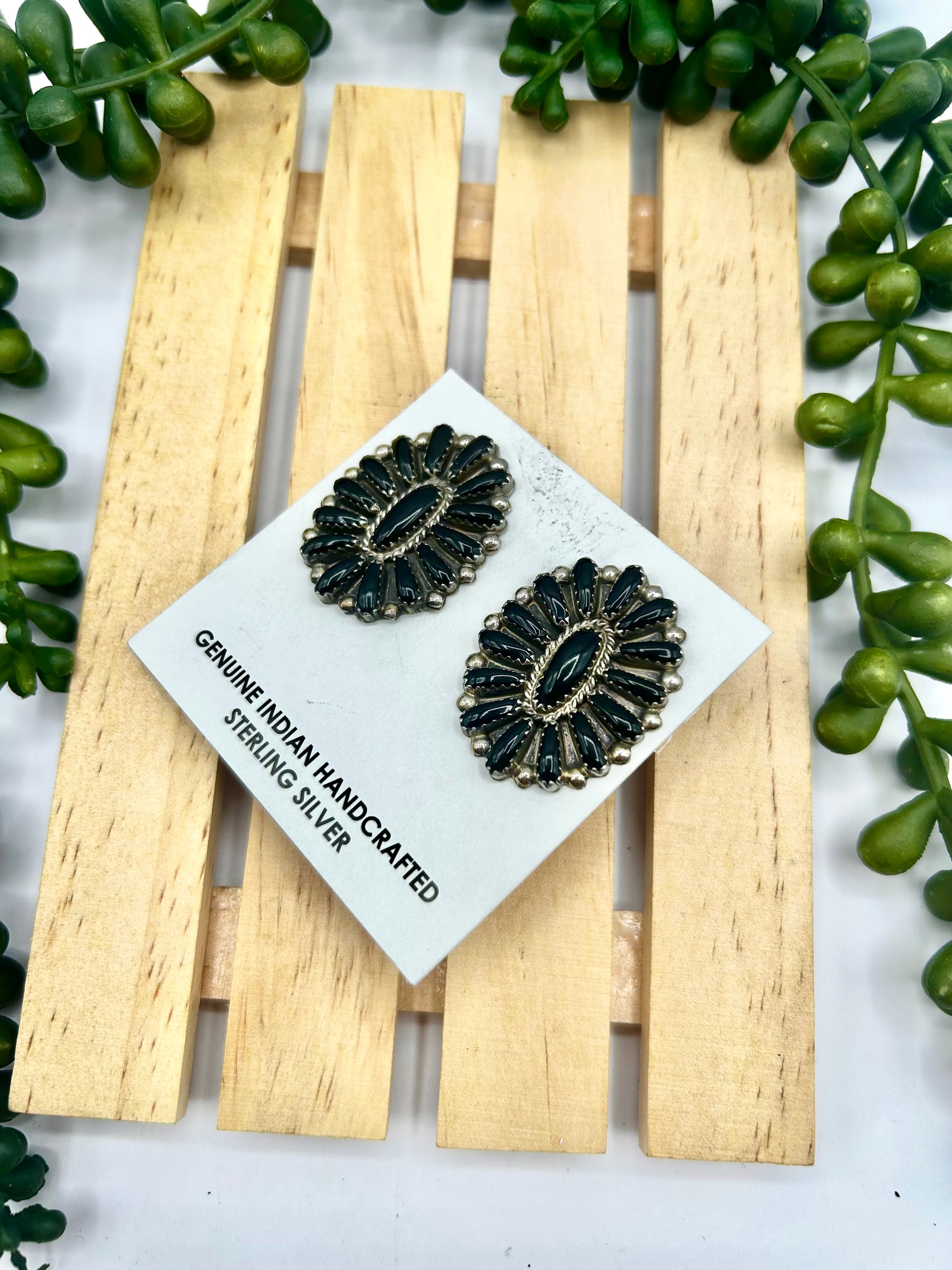 Navajo Made Onyx & Sterling Silver Post Earrings
