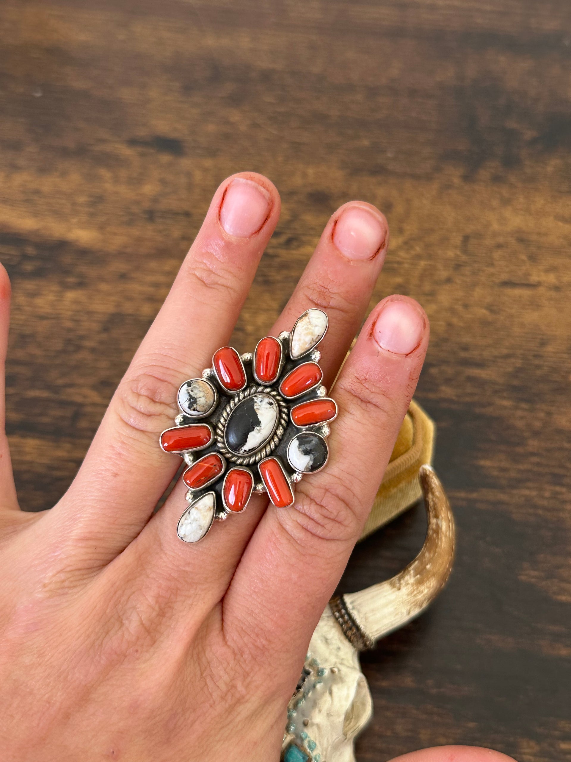 Southwest Handmade Multi Stone & Sterling Silver Cluster Adjustable Ring