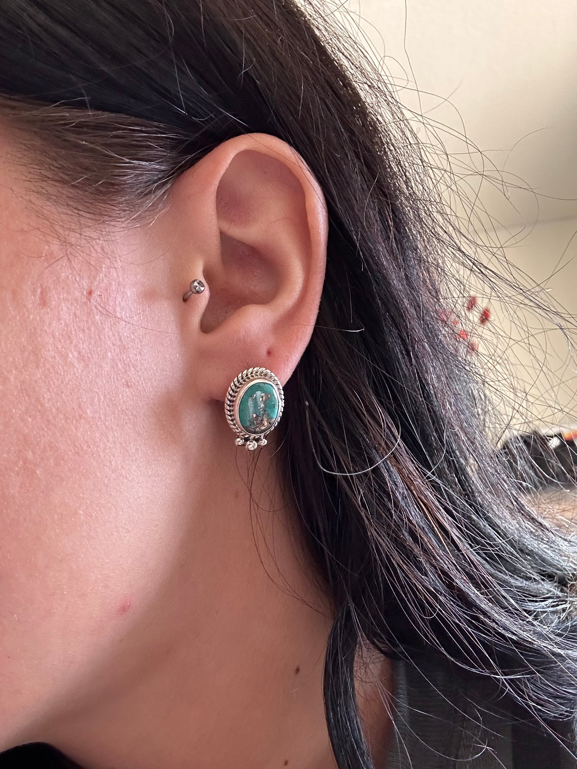 Navajo Handmade Kingman Turquoise & Sterling Silver Post Earrings