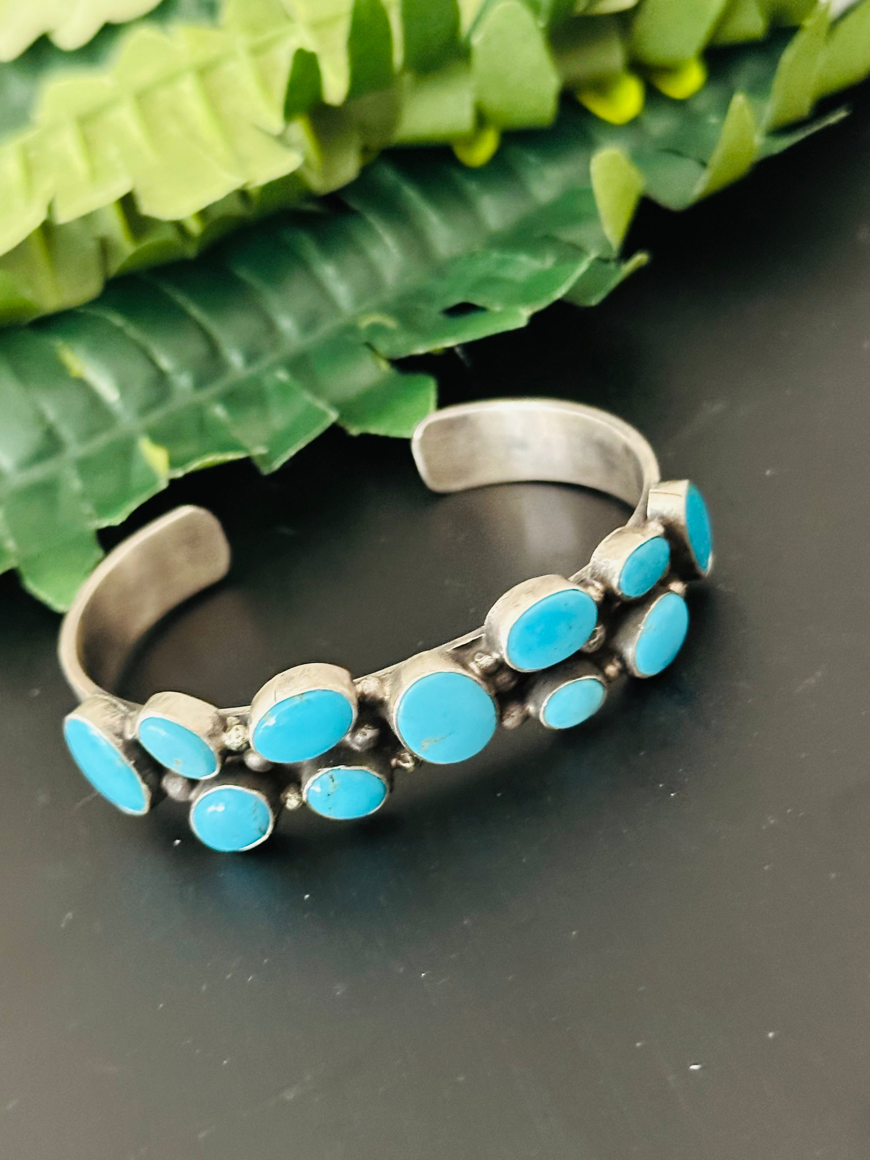 Bobby Johnson Kingman Turquoise & Sterling Silver Cluster Cuff Bracelet