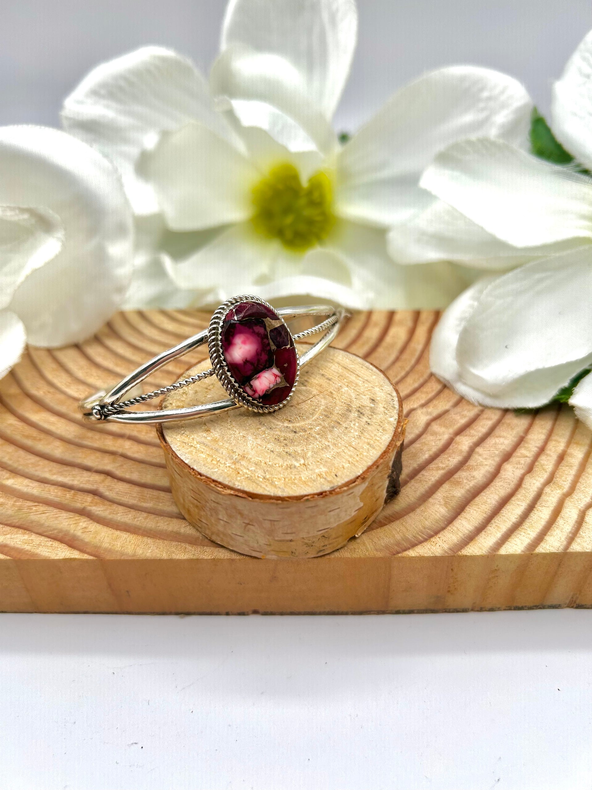 Larry Eticitty Rose Dahila & Sterling Silver Cuff Bracelet