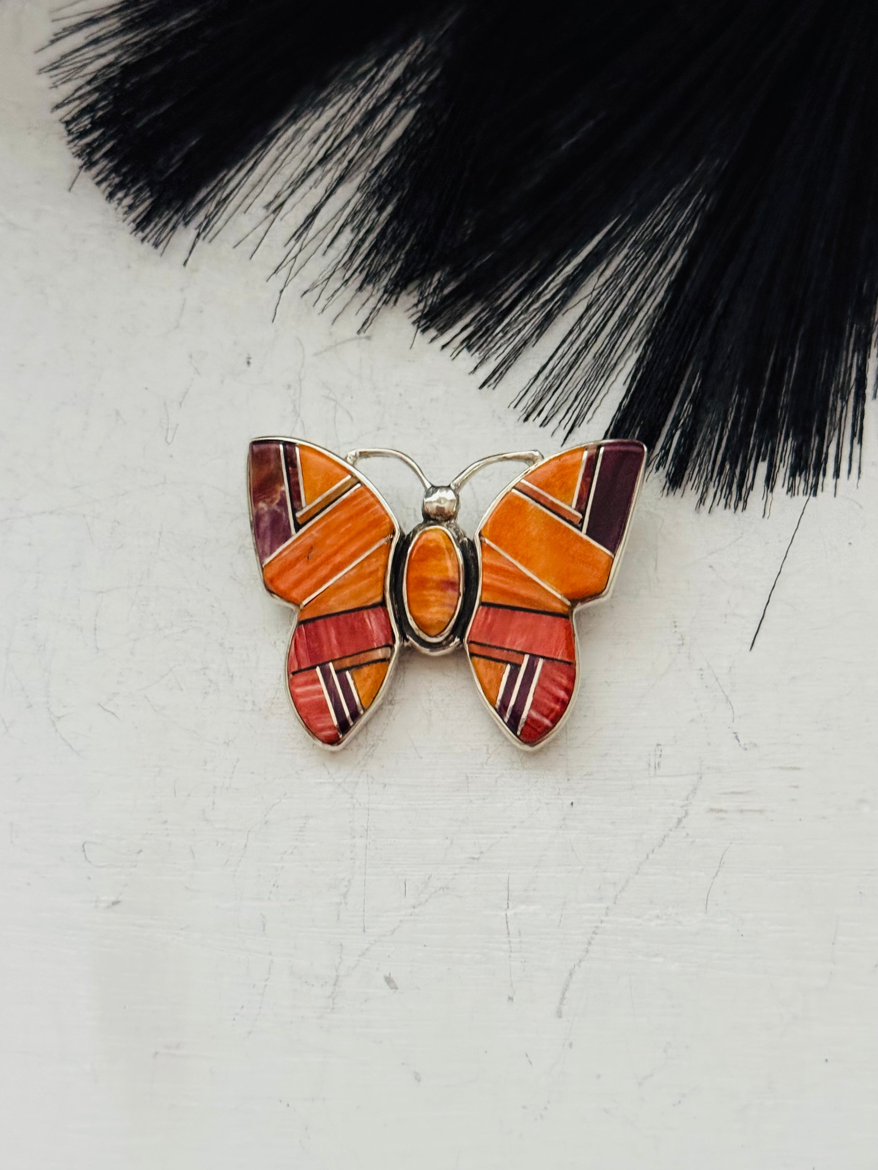 Navajo Made Spiny Oyster & Sterling Silver Butterfly Inlay Pin