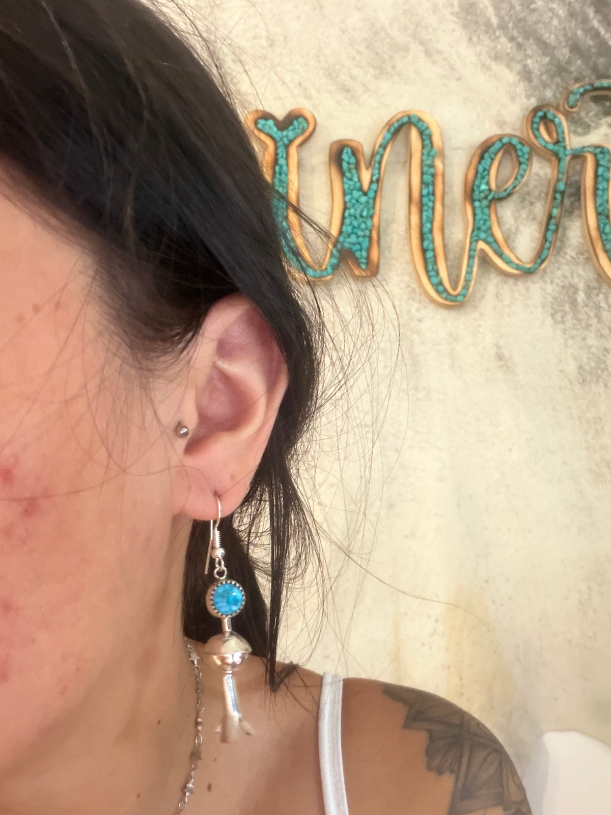 Navajo Made Kingman Turquoise & Sterling Silver Dangle Blossom Earrings