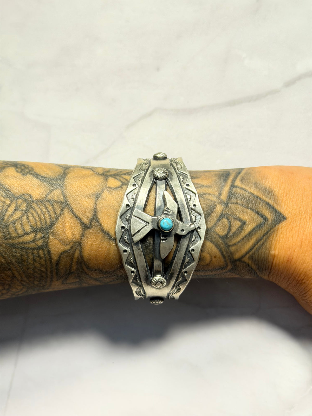 Chimney Butte Kingman Turquoise & Sterling Silver Thunderbird Cuff Bracelet