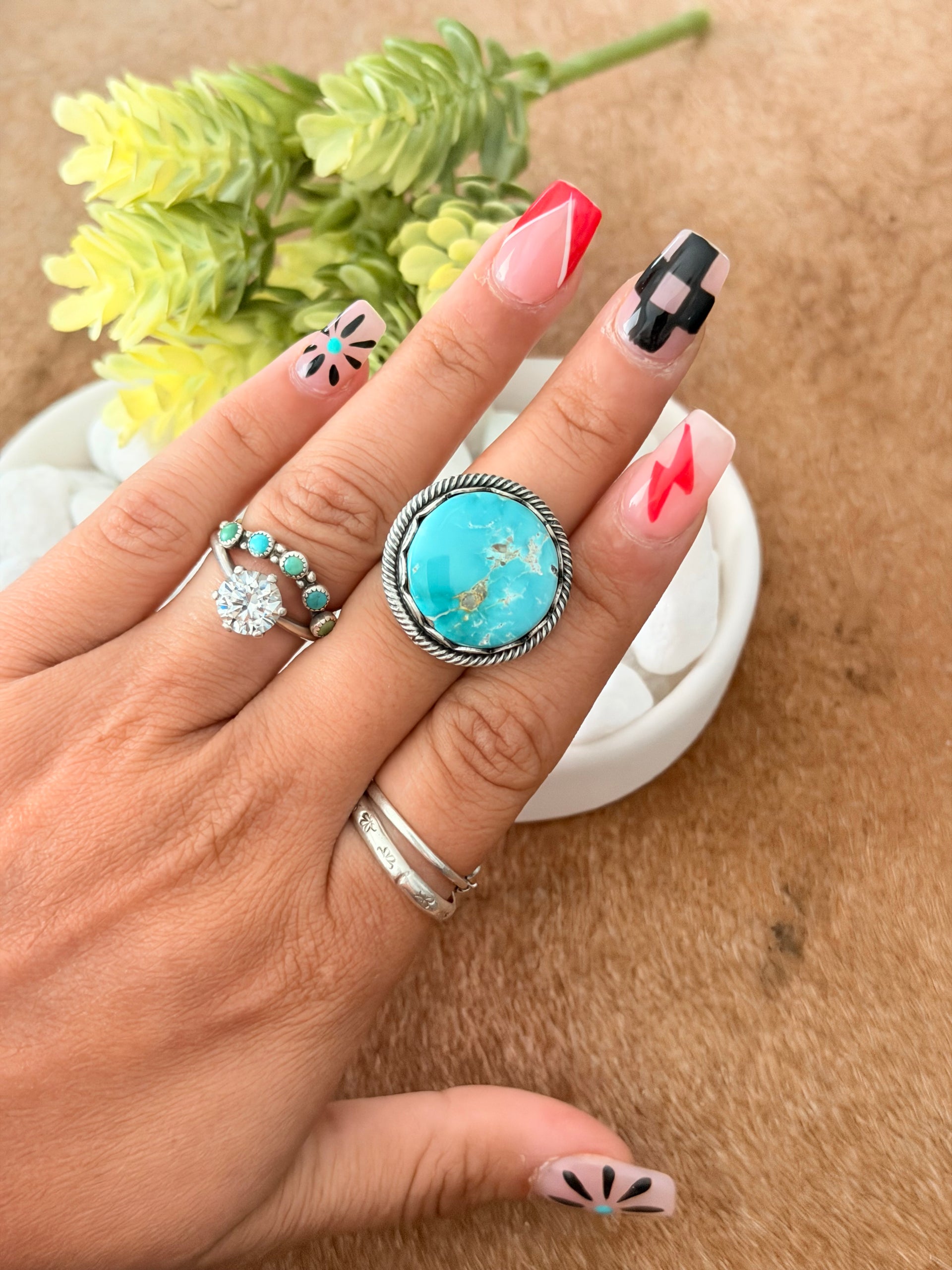 David Benally Carico Lake Turquoise & Sterling Silver Ring Size 6.5