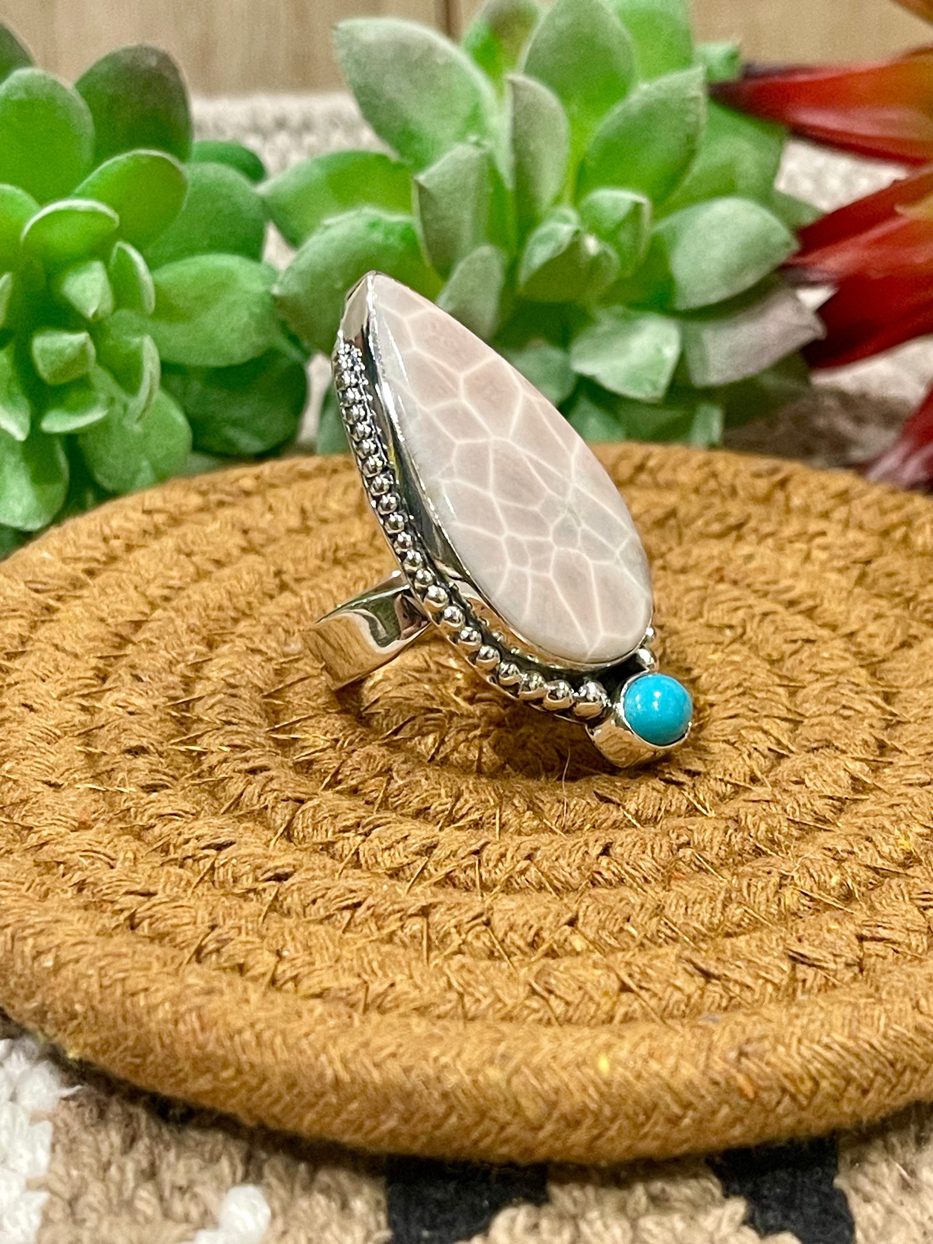 Southwest Handmade Pink Larimar With Kingman Turquoise & Sterling Silver Adjustable Ring