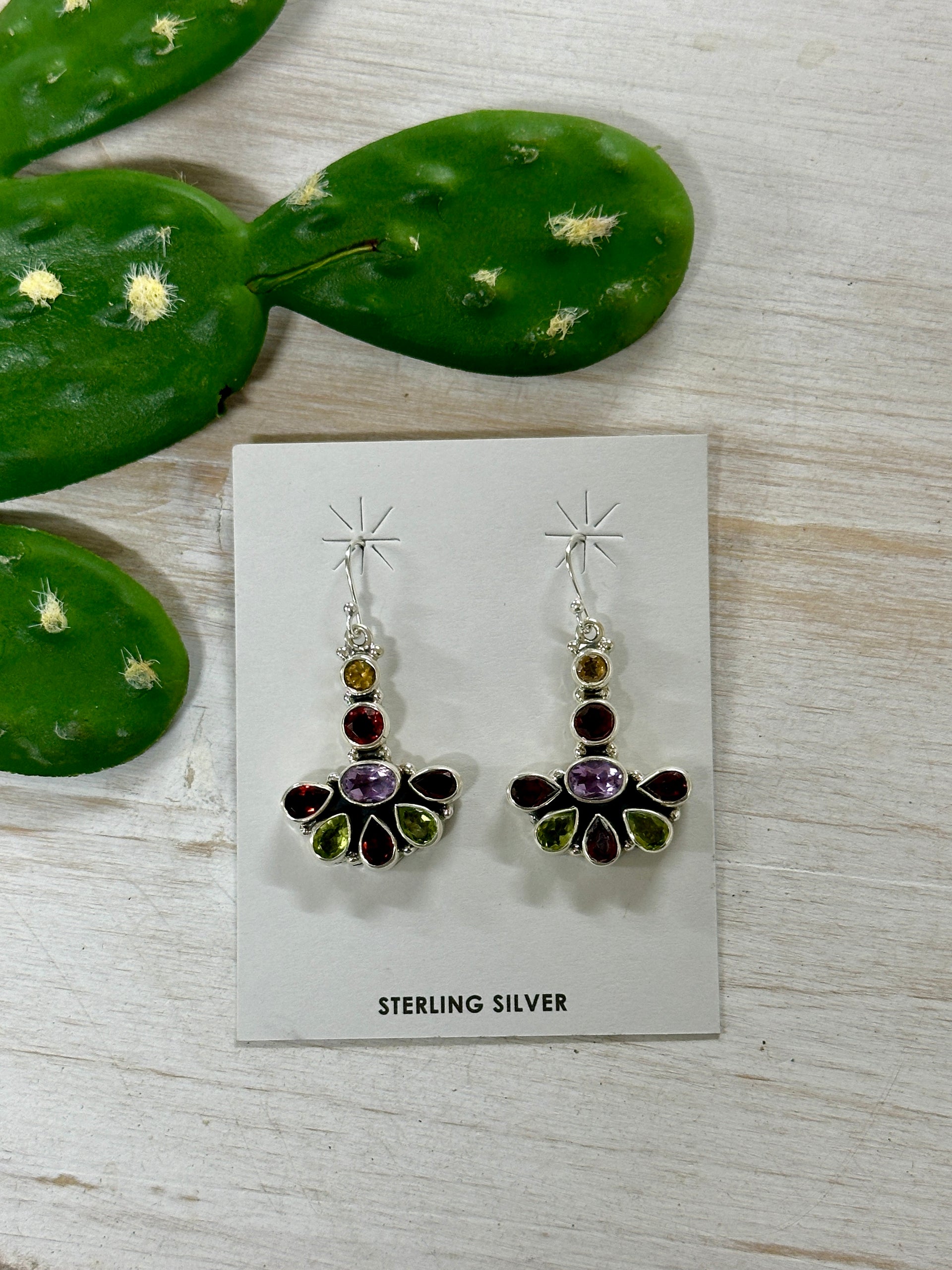 Southwest Handmade Multi Stone & Sterling Silver Cluster Dangles Earrings