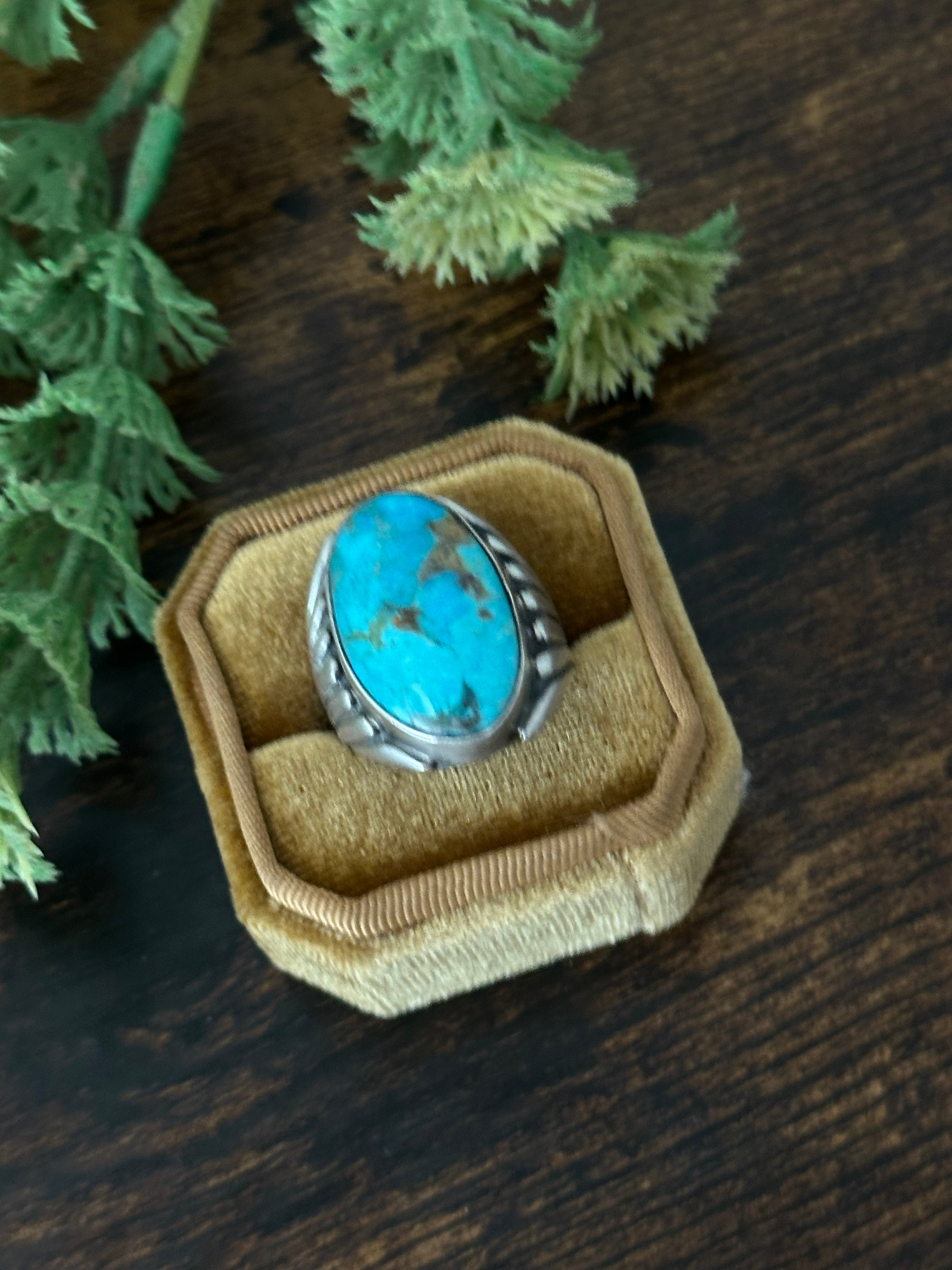 Navajo Made Kingman Turquoise & Sterling Silver Ring Size 8.75