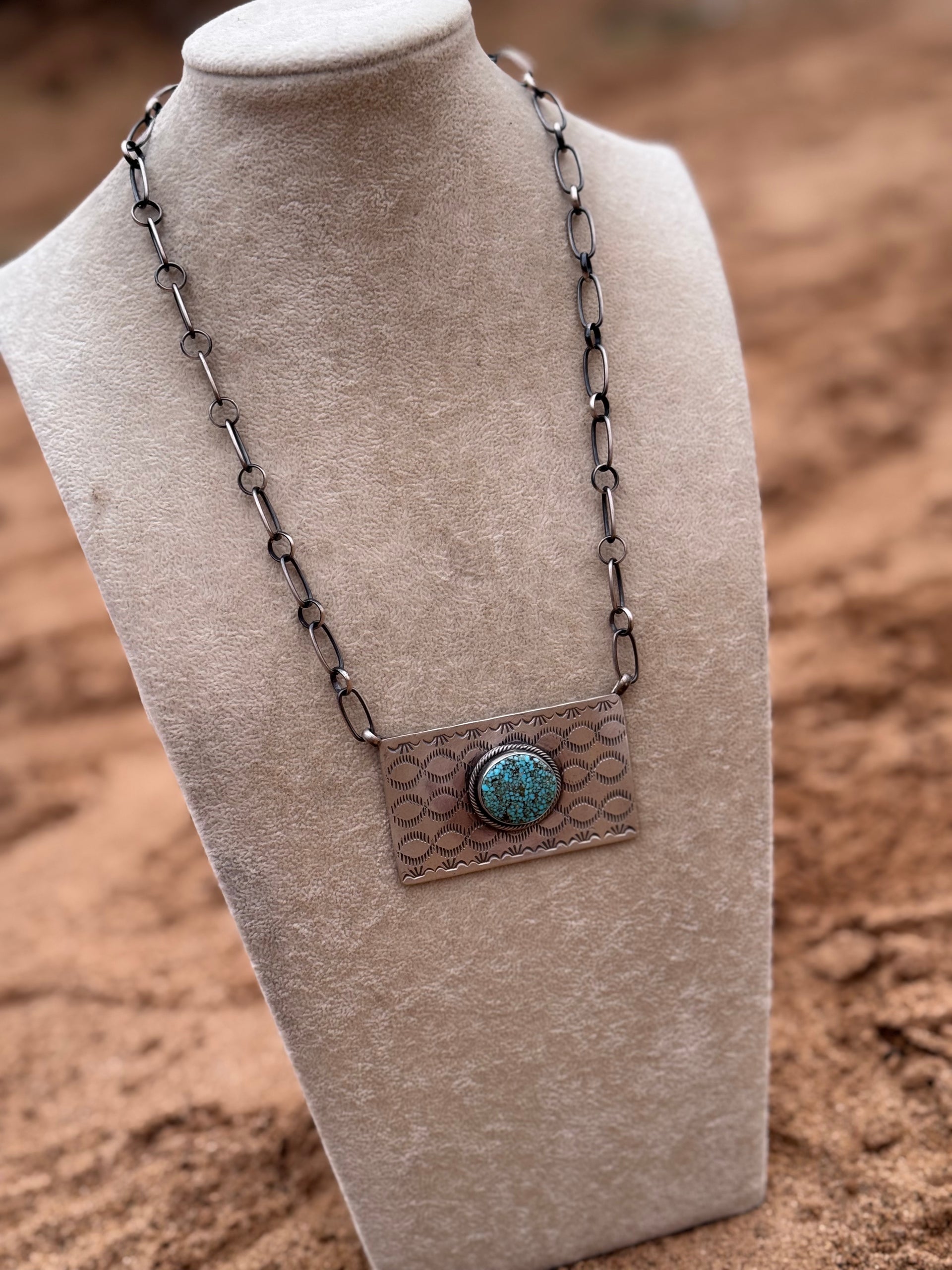 Danny Henio Kingman Spiderweb Turquoise & Sterling Silver Bar Necklace