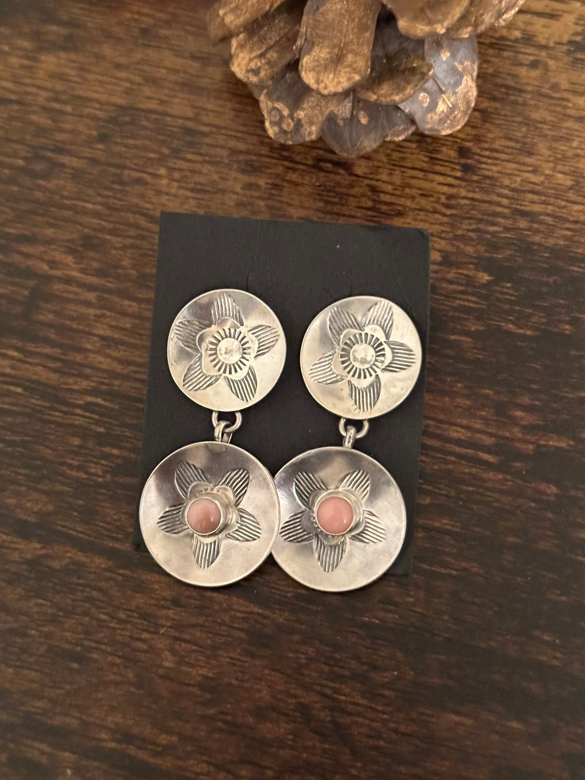 Navajo Made Pink Conch  & Sterling Silver Post Earrings