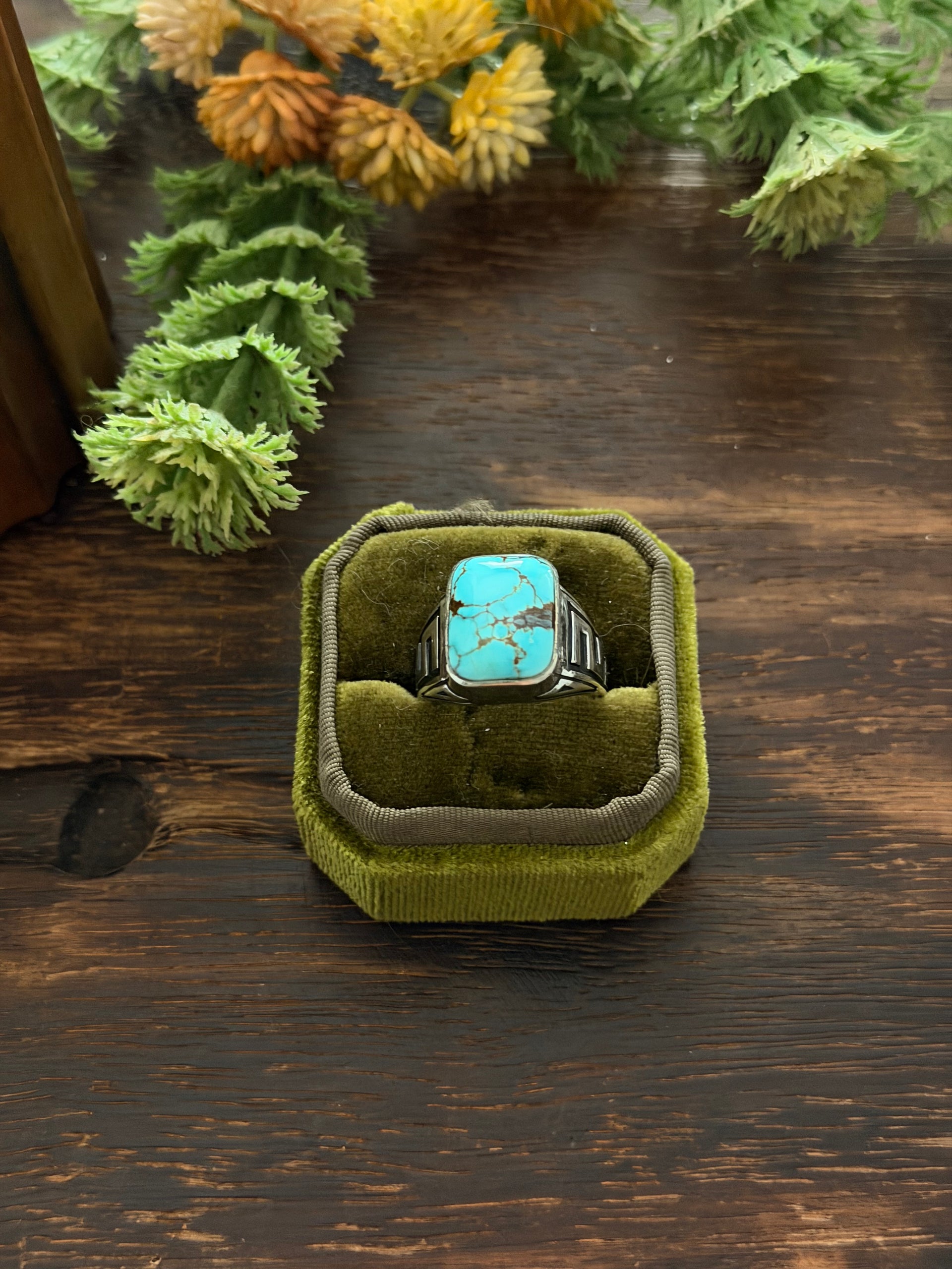 Navajo Made Mine 8 Turquoise & Sterling Silver Cast Ring Size 9