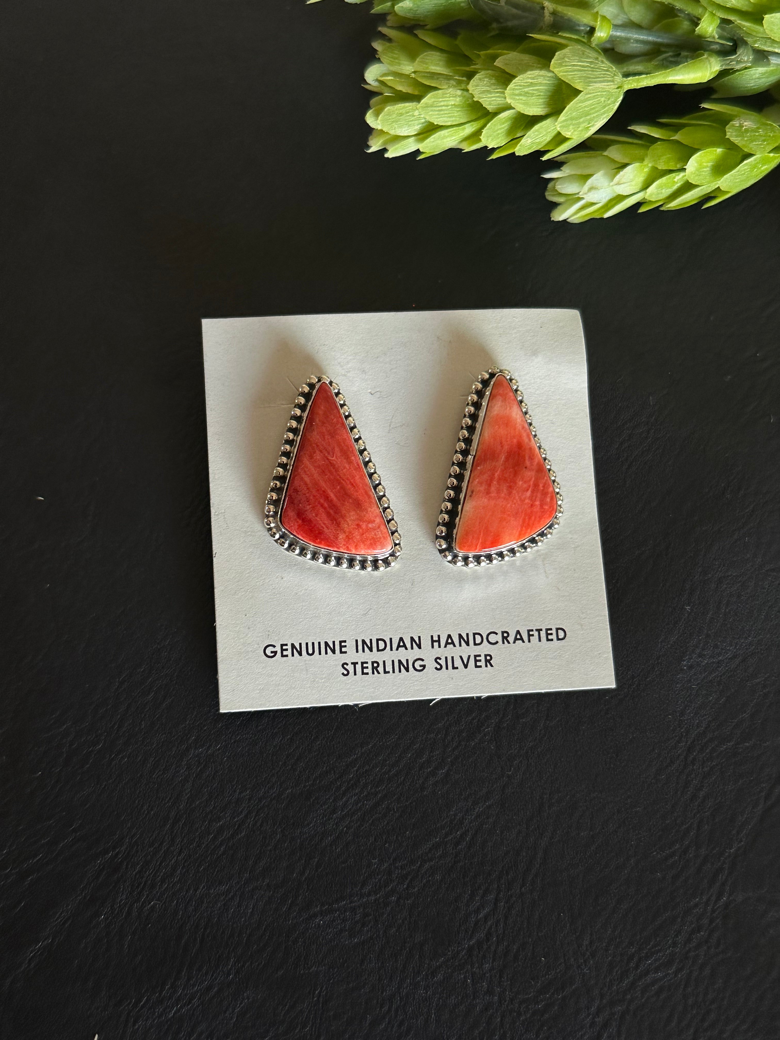 Navajo Made Red Spiny Oyster & Sterling Silver Post Earrings
