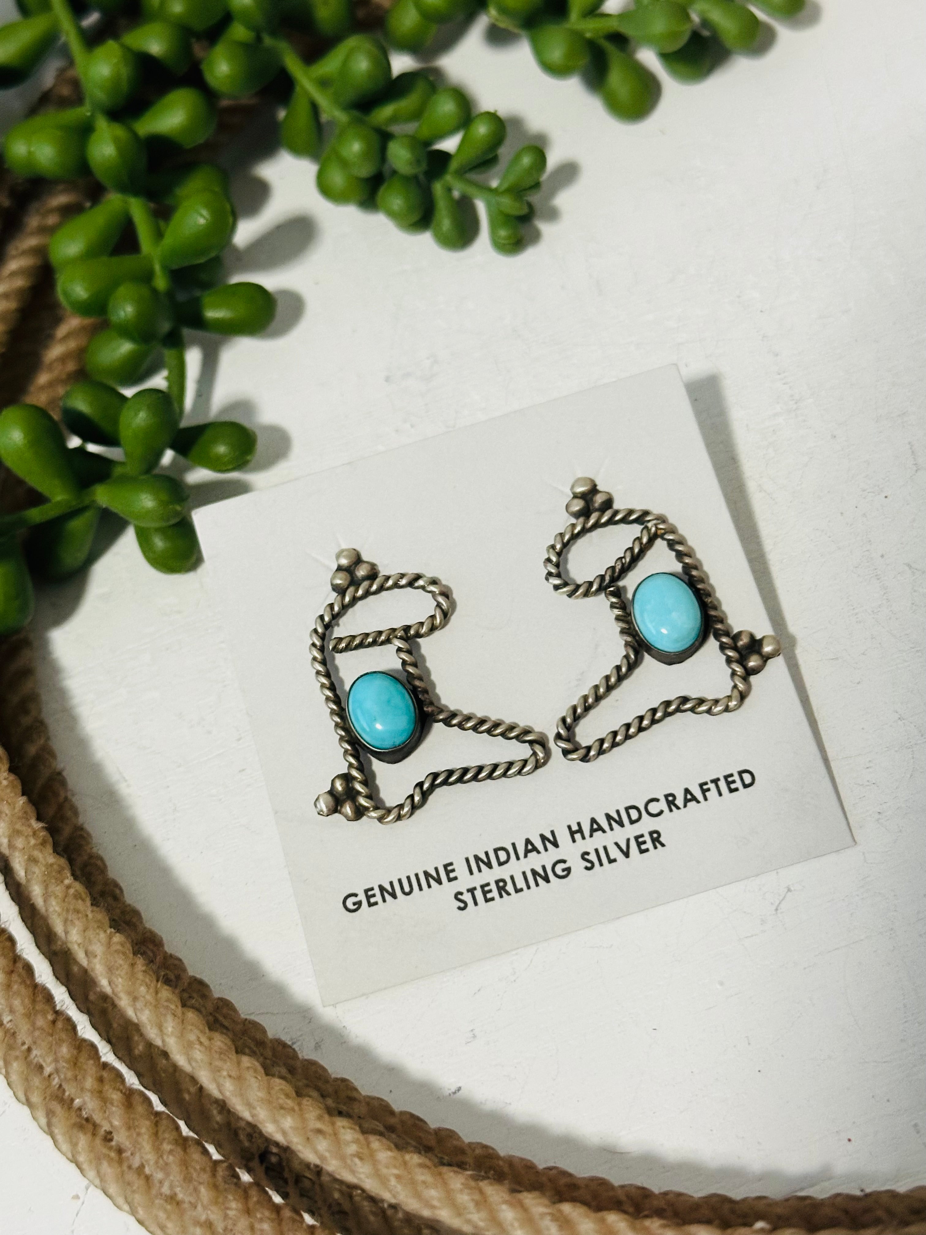 Navajo Made Kingman Turquoise & Sterling Silver Boot Earrings