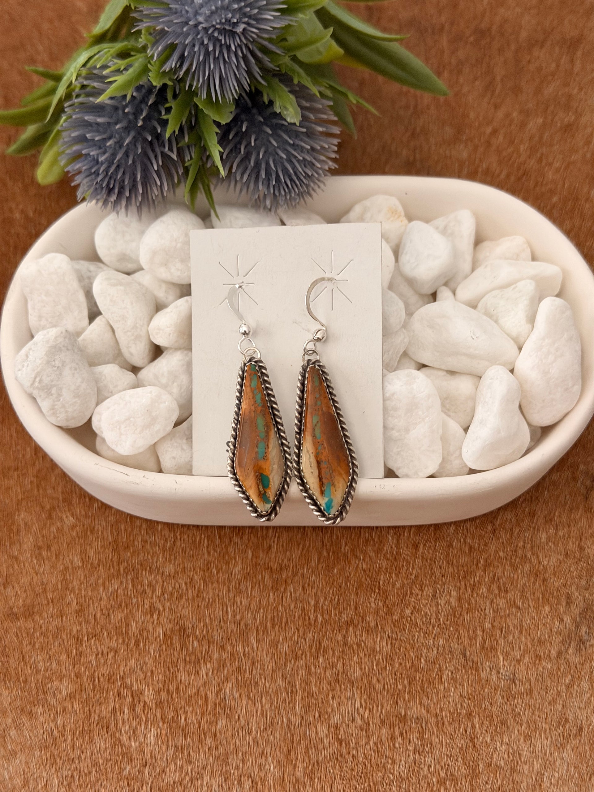 Navajo Made Boulder Turquoise & Sterling Silver Dangle Earrings