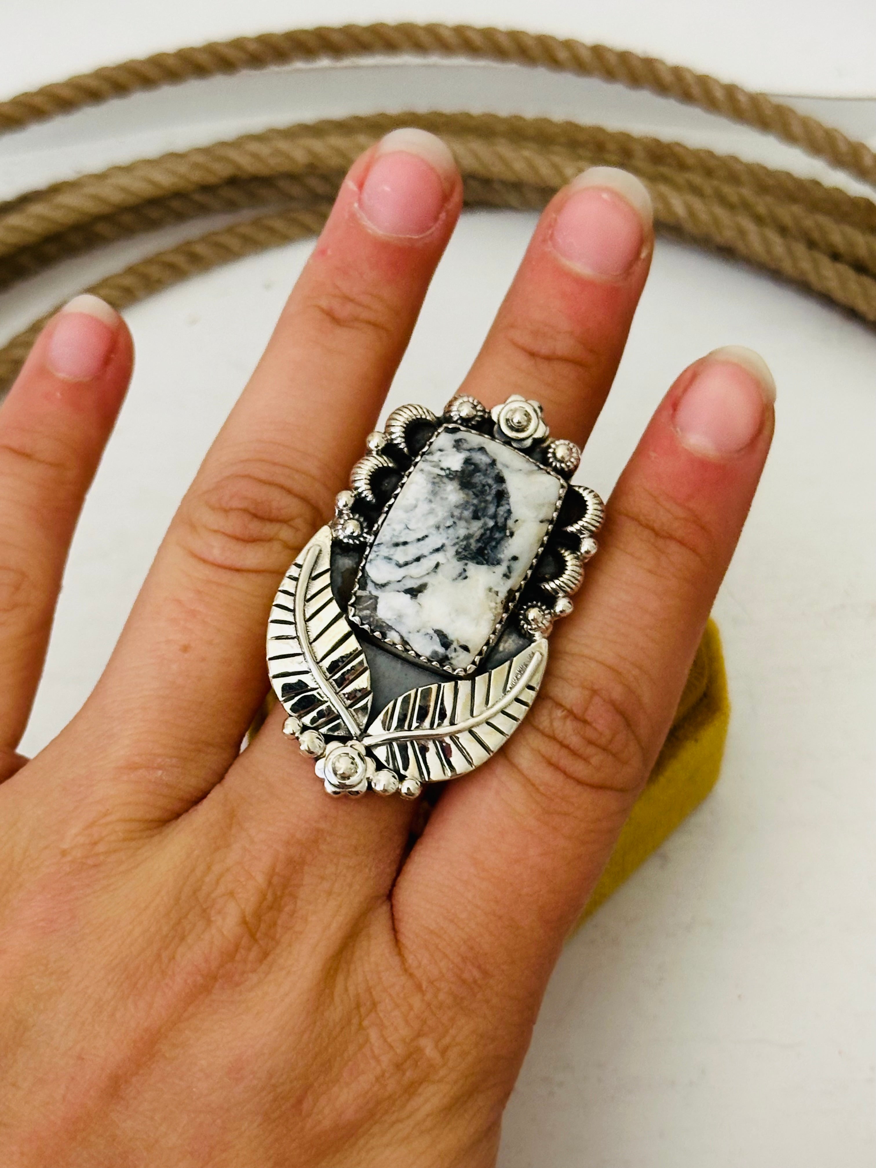 Southwest Handmade White Buffalo & Sterling Silver Adjustable Ring