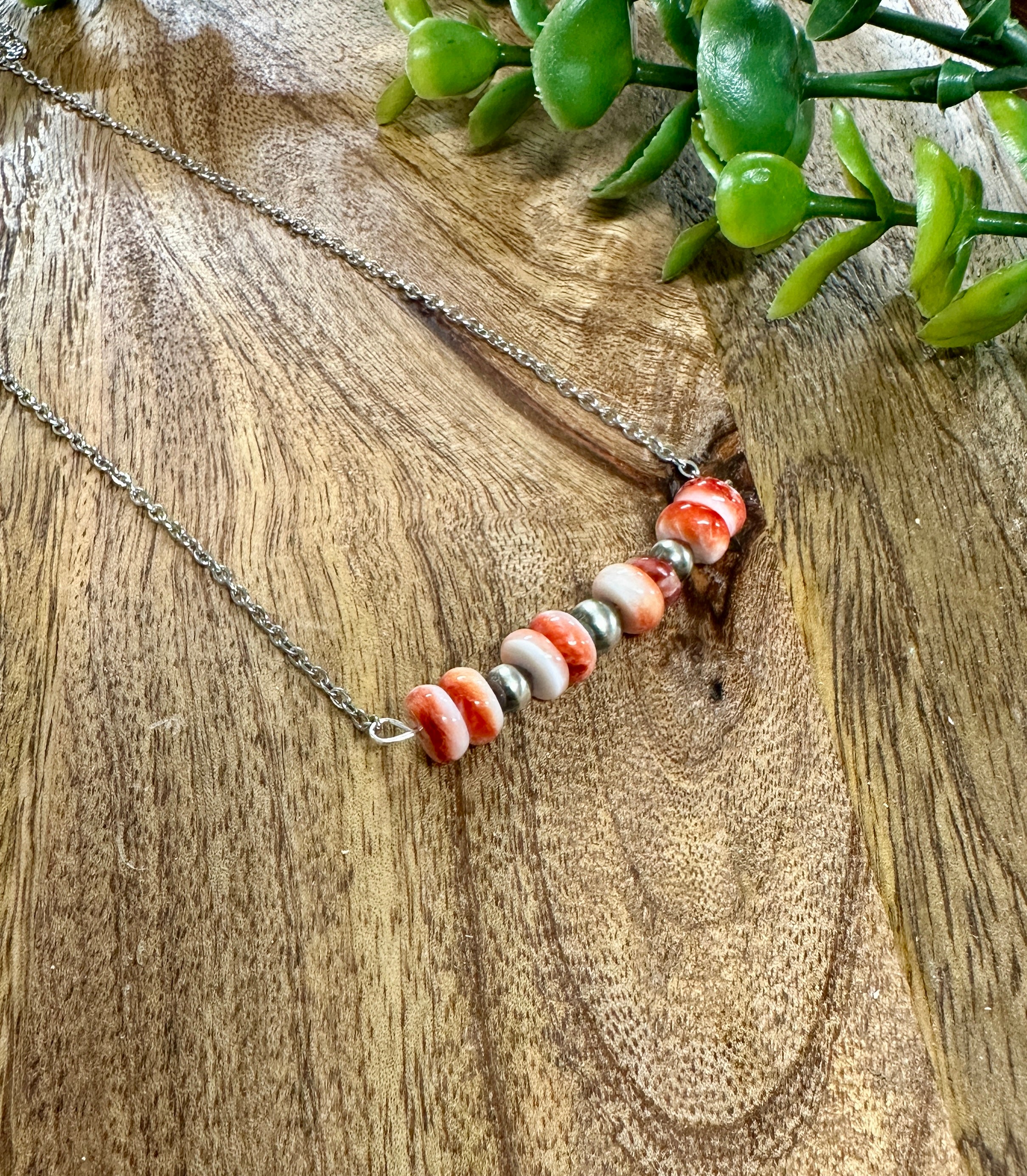 Handmade Spiny Oyster & Sterling Silver Pearl Necklace