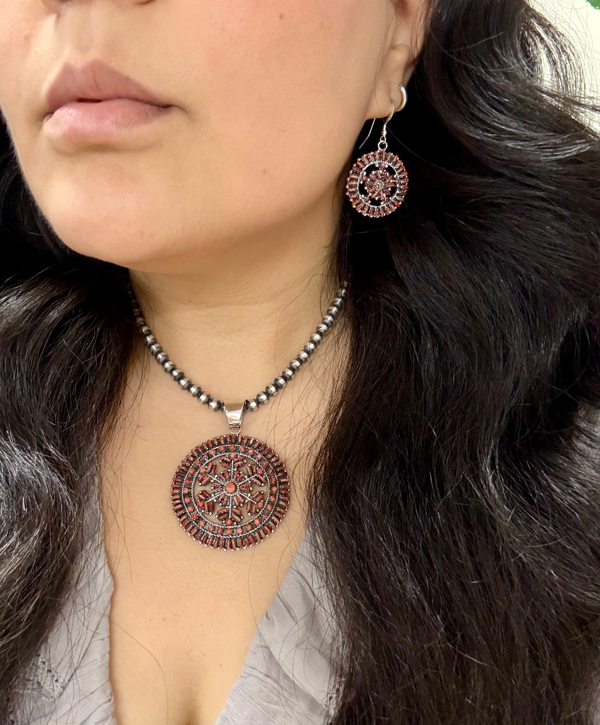 Southwest Handmade Red Spiny Oyster & Sterling Silver Pendant and Earring Set