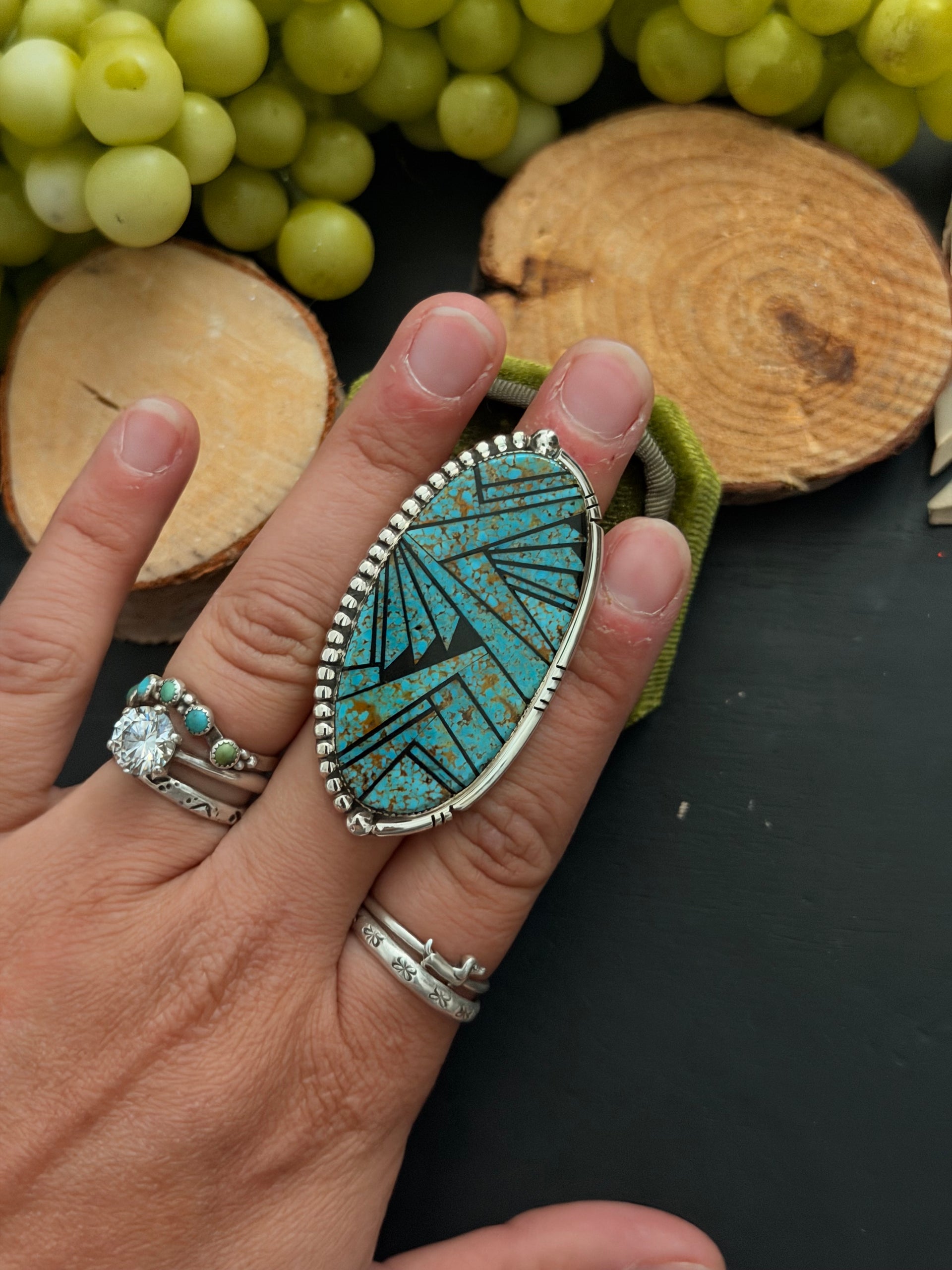 Navajo Made Multi Stone & Sterling Silver Inlay Ring Size 10