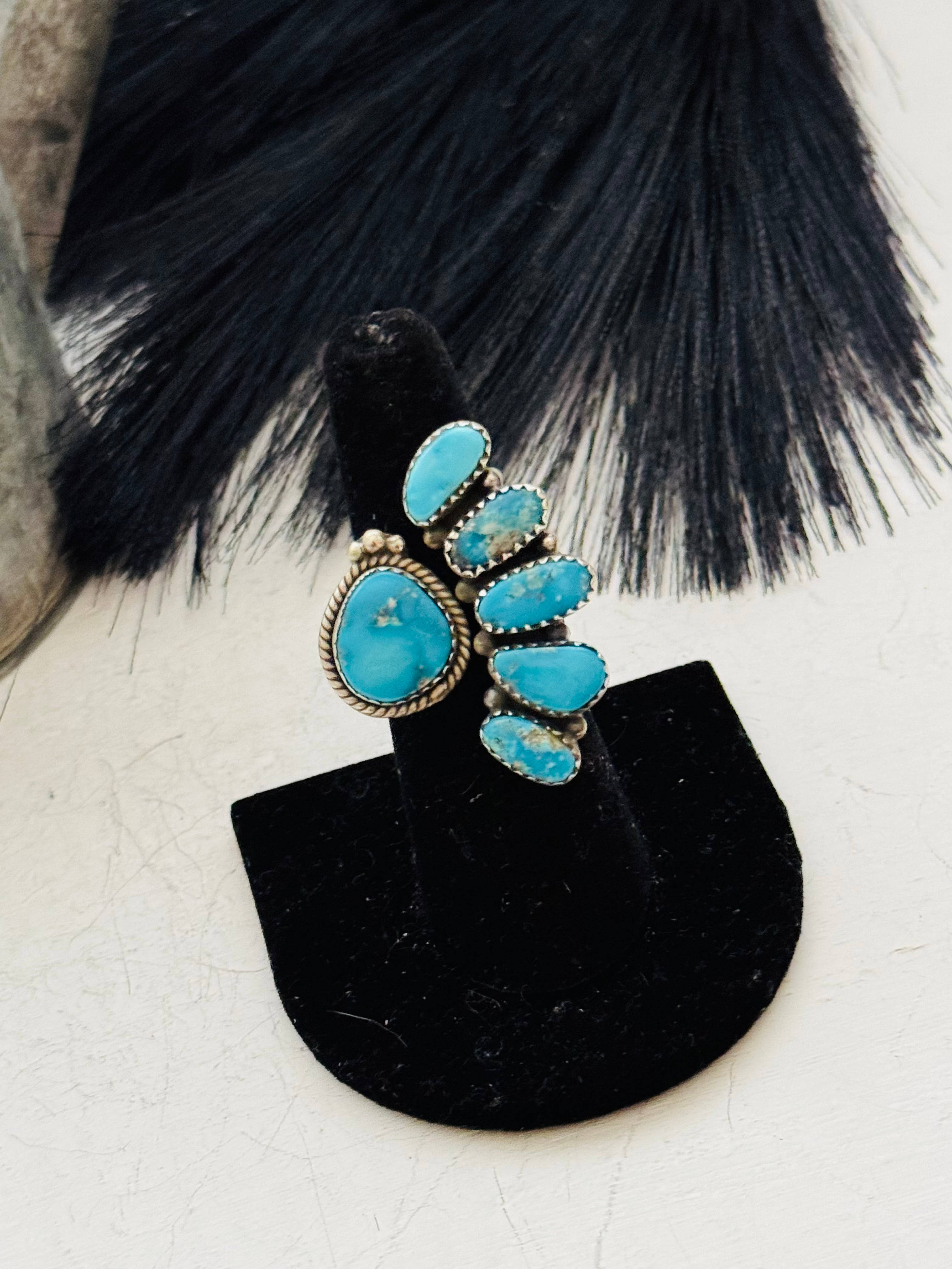 Southwest Handmade Valley Blue Turquoise & Sterling Silver Adjustable Cluster Ring