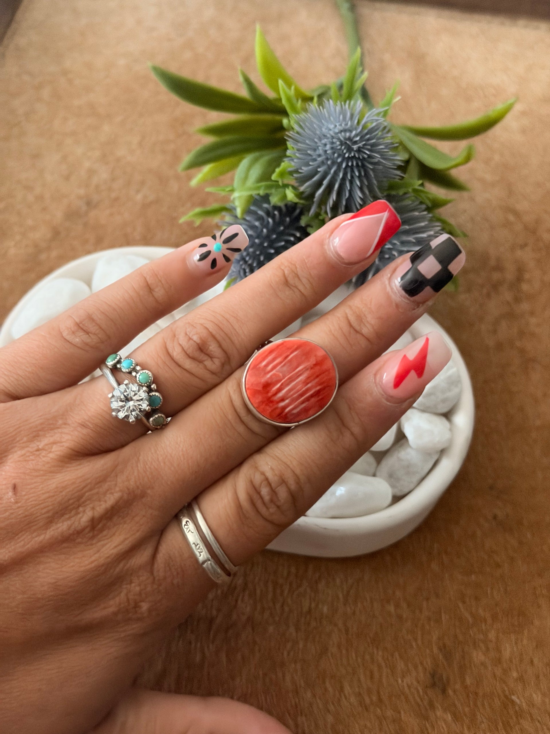 Navajo Made Red Spiny Oyster & Sterling Silver Ring Size 7.75