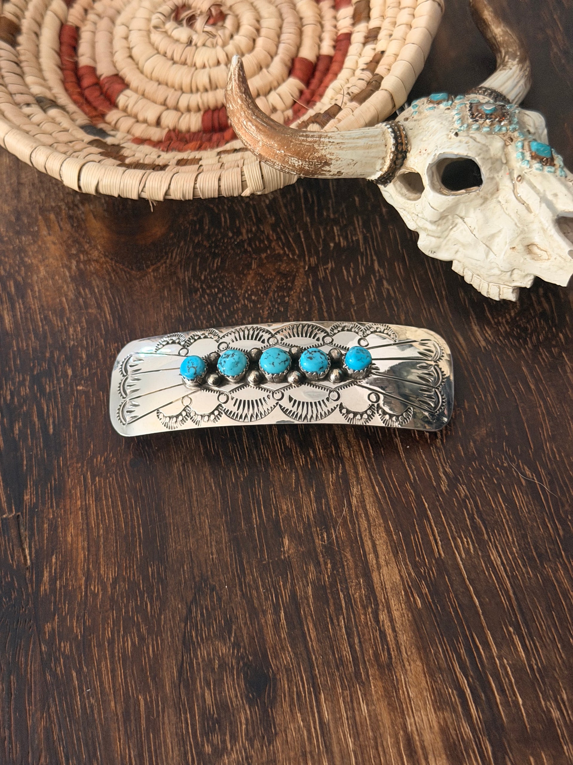 Navajo Made Kingman Turquoise & Sterling Silver Hair Barrette