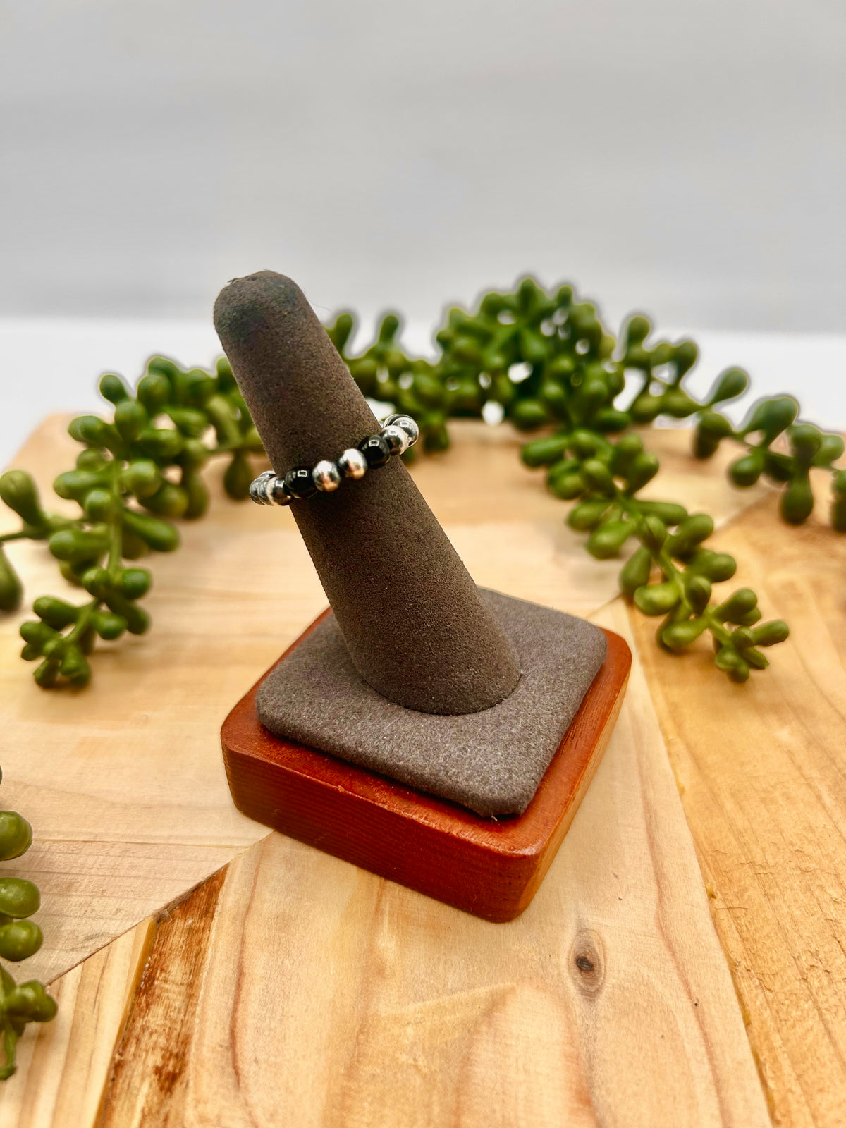 Navajo Made Onyx & Sterling Silver Strung Ring