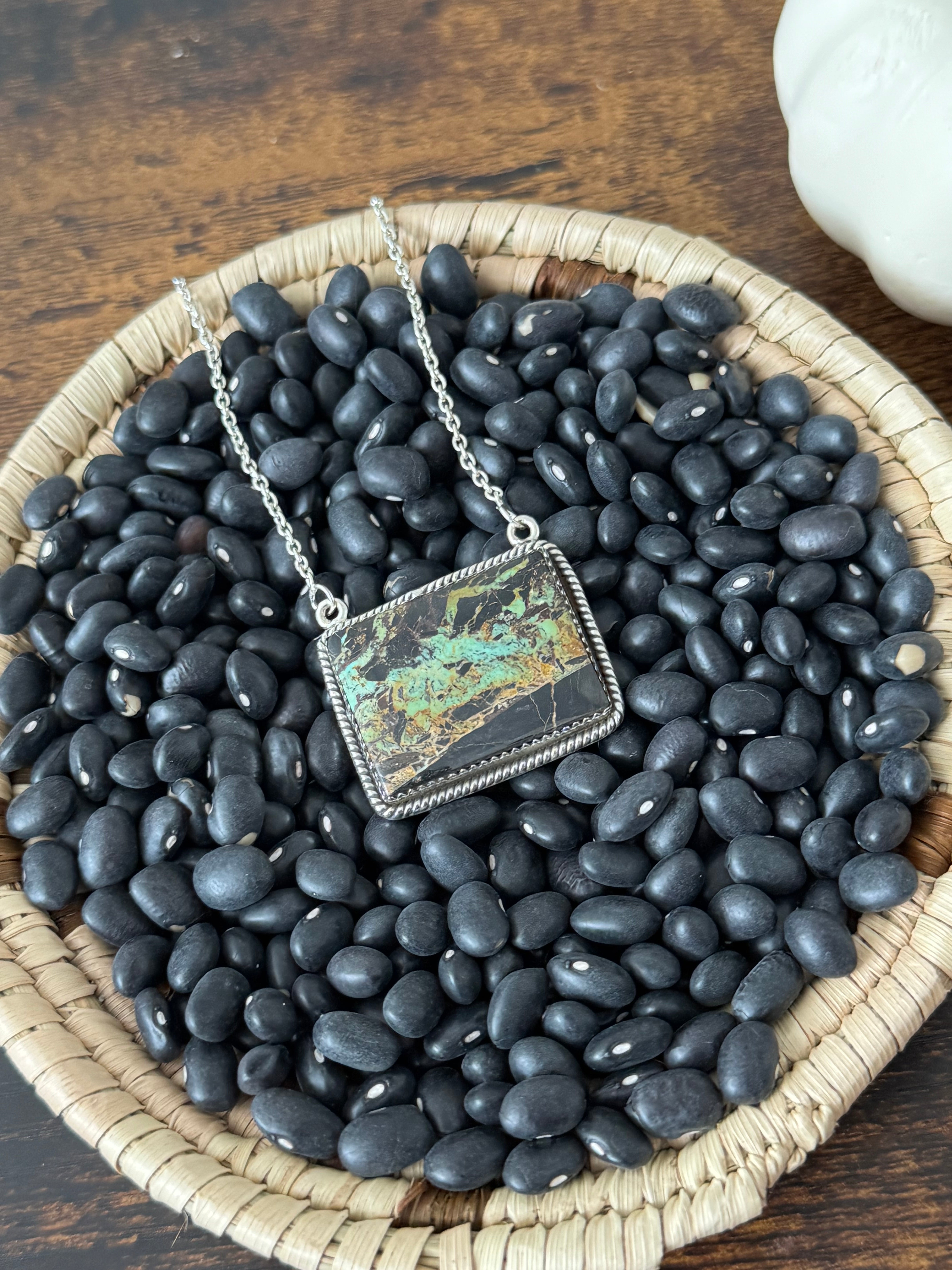 Southwest Handmade Black Jack Turquoise & Sterling Silver Bar Necklace