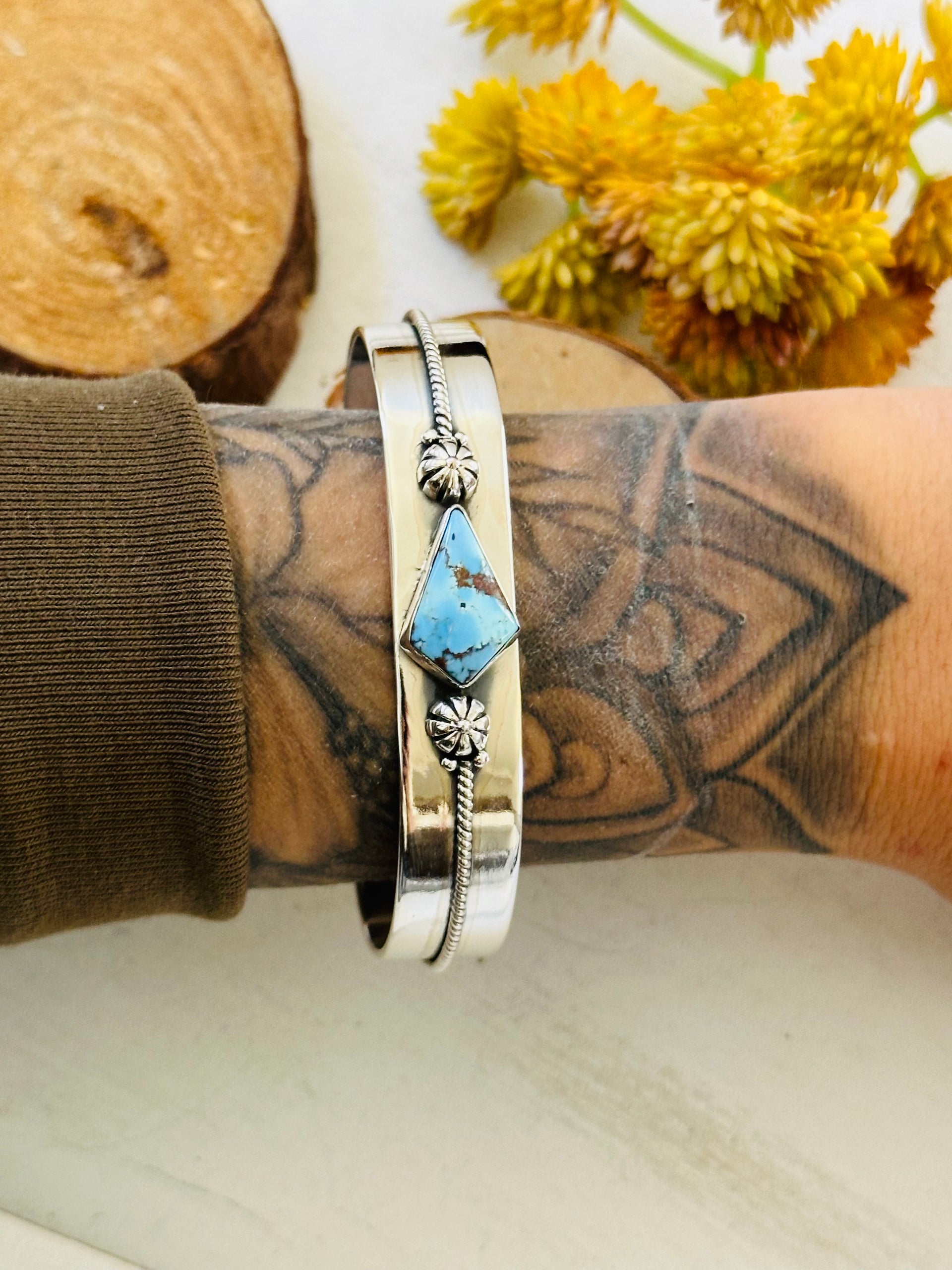 Southwest Made Golden Hills Turquoise & Sterling Silver Cuff Bracelet