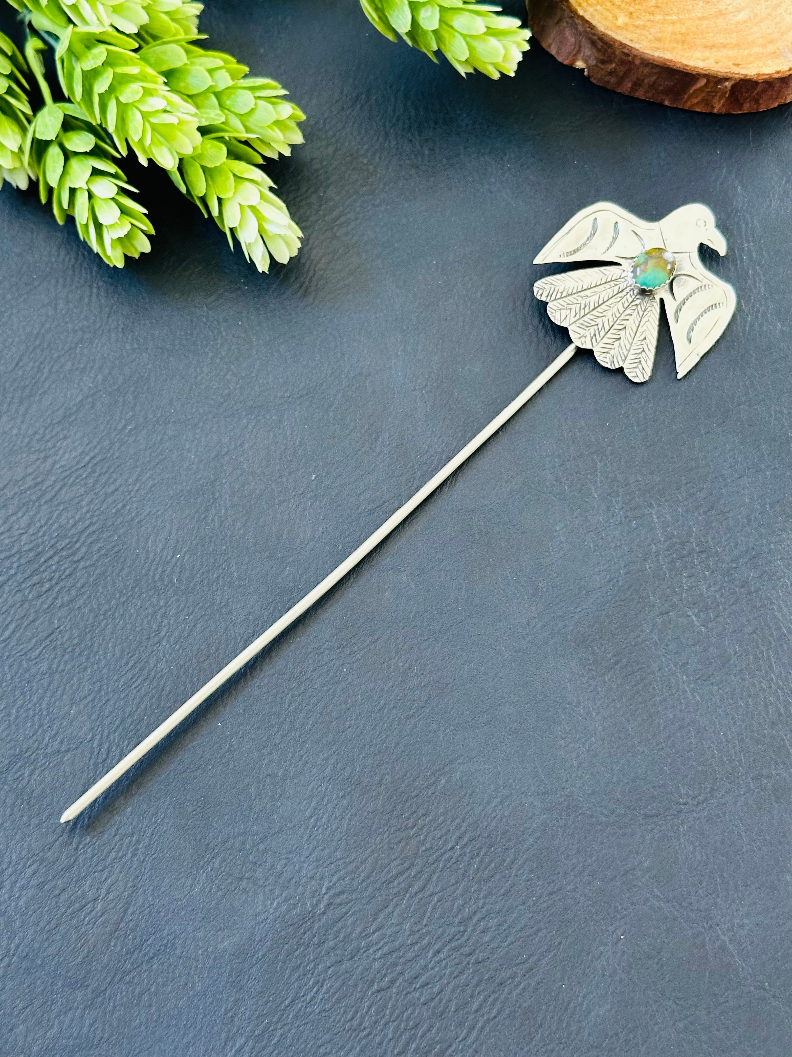 Navajo Handmade Kingman & Sterling Silver Thunderbird Hair Pin