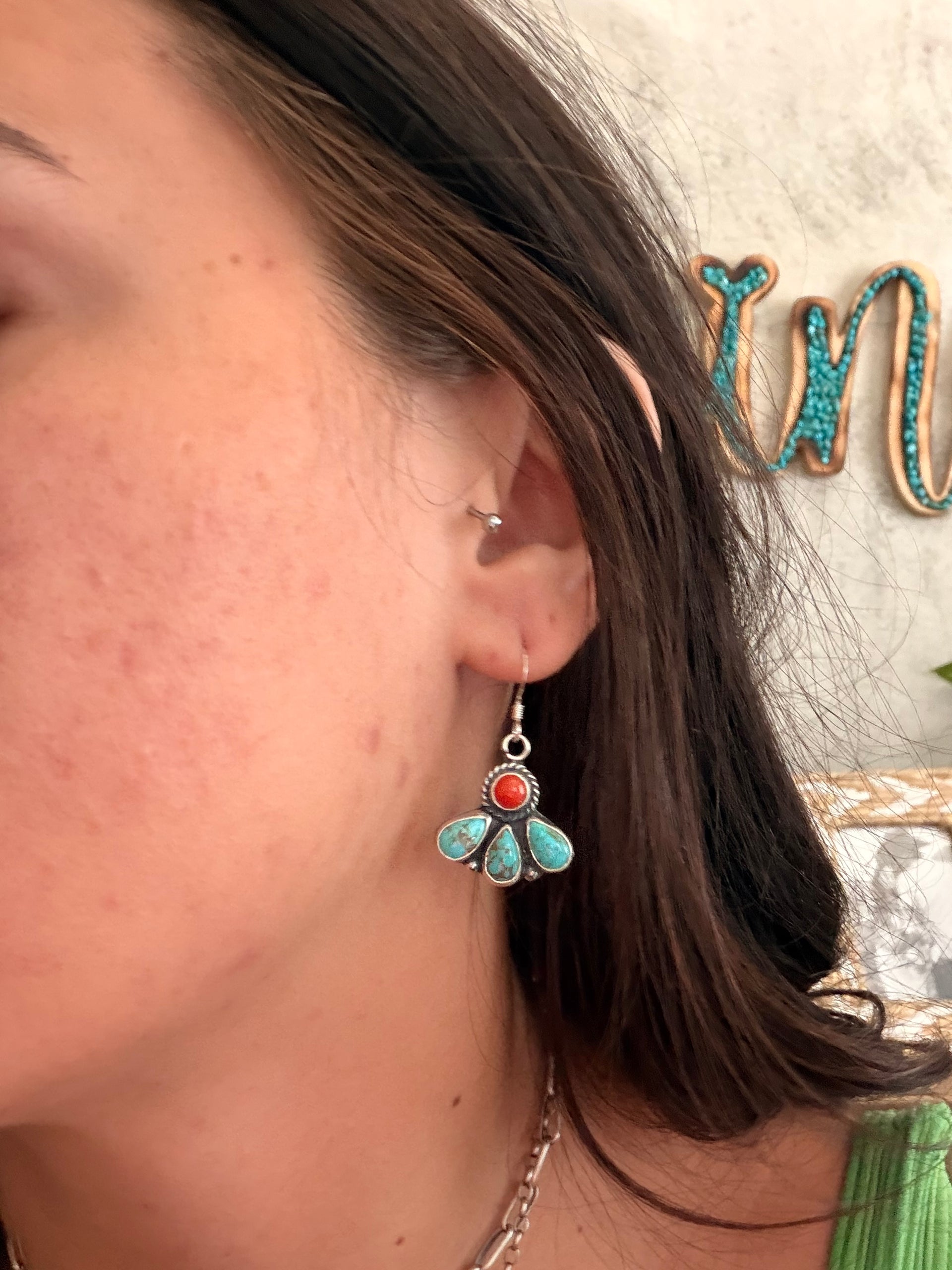 Navajo Made Multi Stone & Sterling Silver Dangle Cluster Earrings