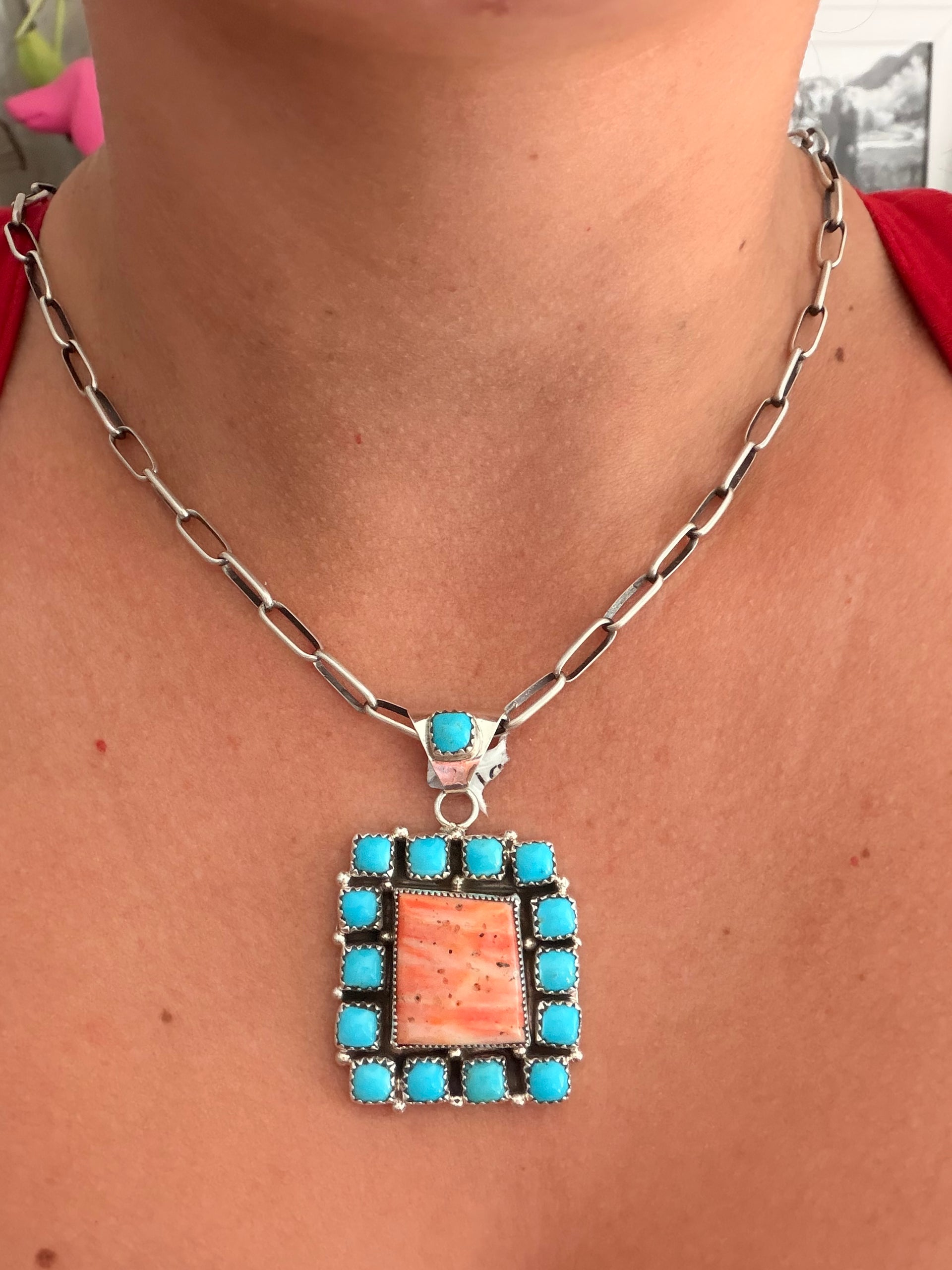 Navajo Made Multi Stone & Sterling Silver Cluster Pendant