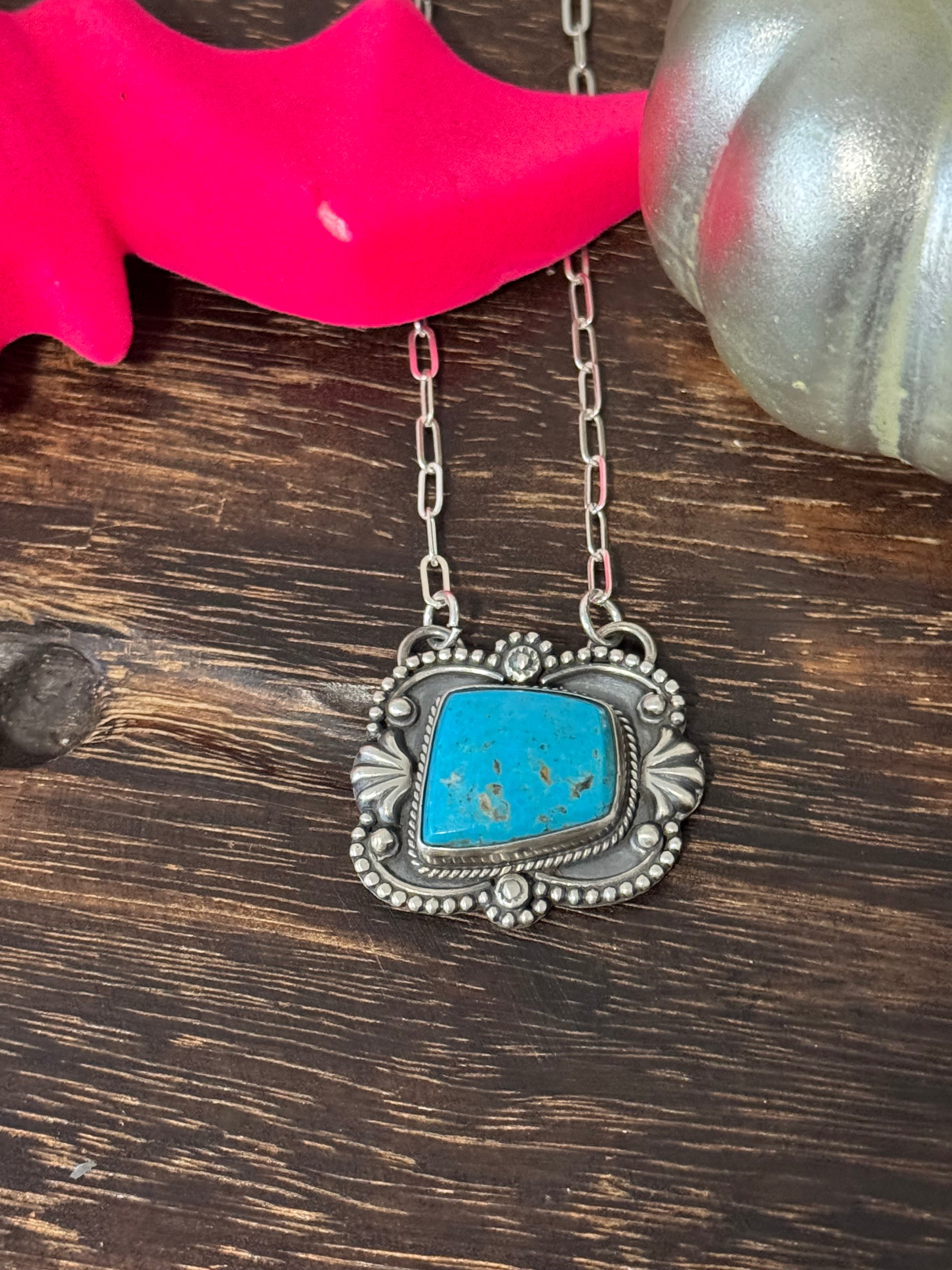 Navajo Made Kingman Turquoise & Sterling Silver Necklace