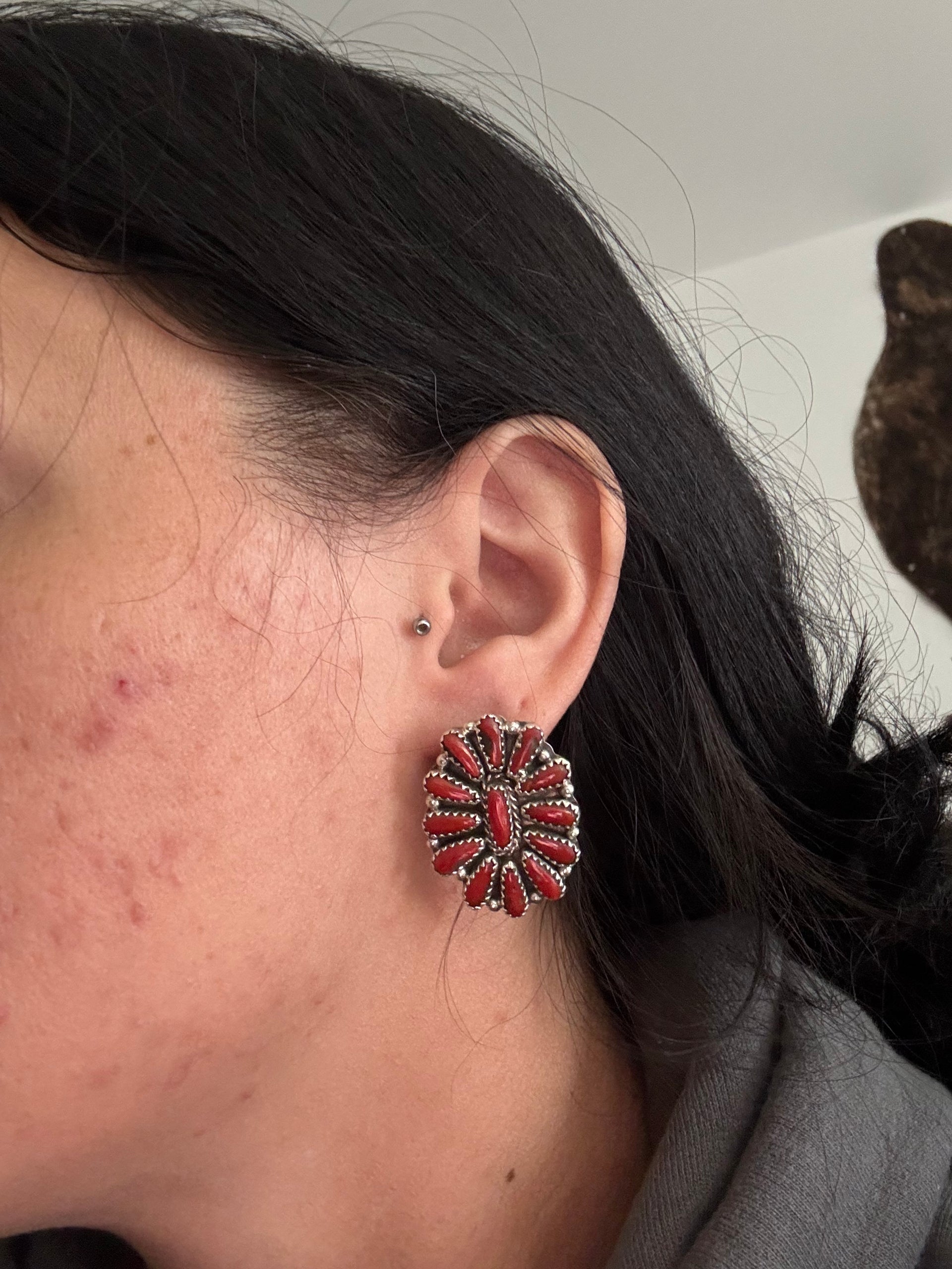 Navajo Made Red Coral & Sterling Silver Post Cluster Earrings