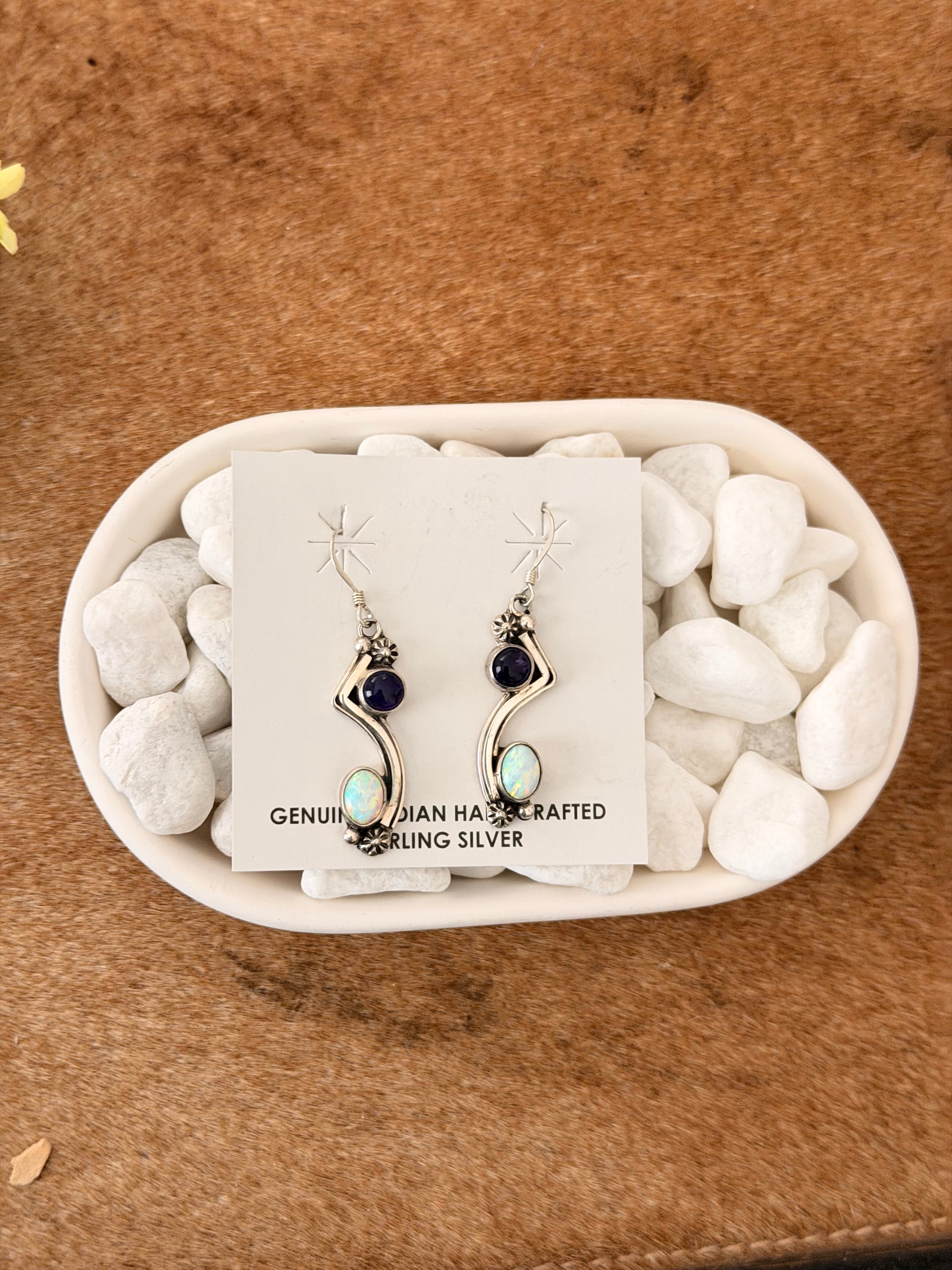 Navajo Made Multi Stone & Sterling Silver Dangle Earrings