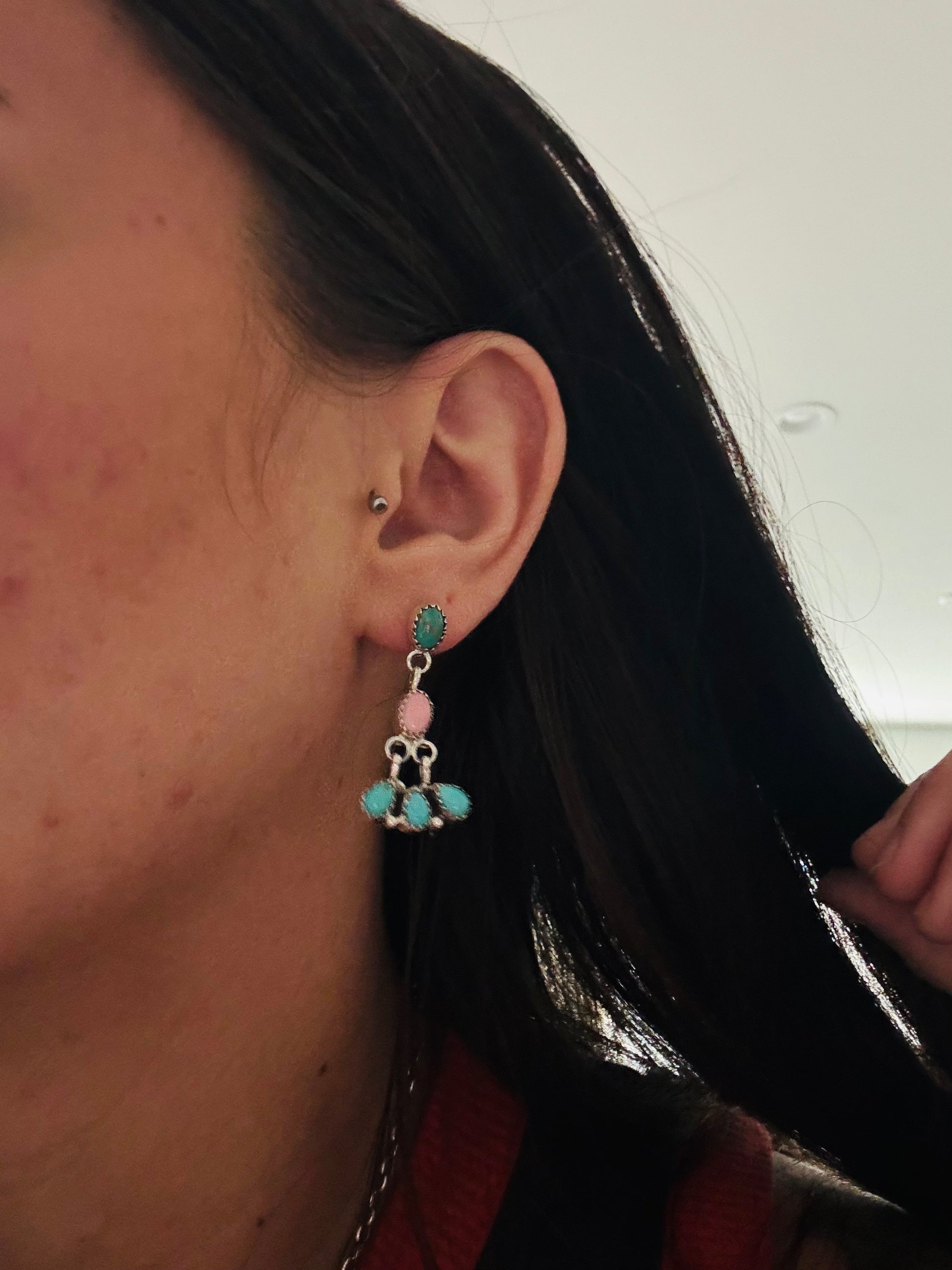 Navajo Made Multi Stone & Sterling Silver Post Dangle Earrings