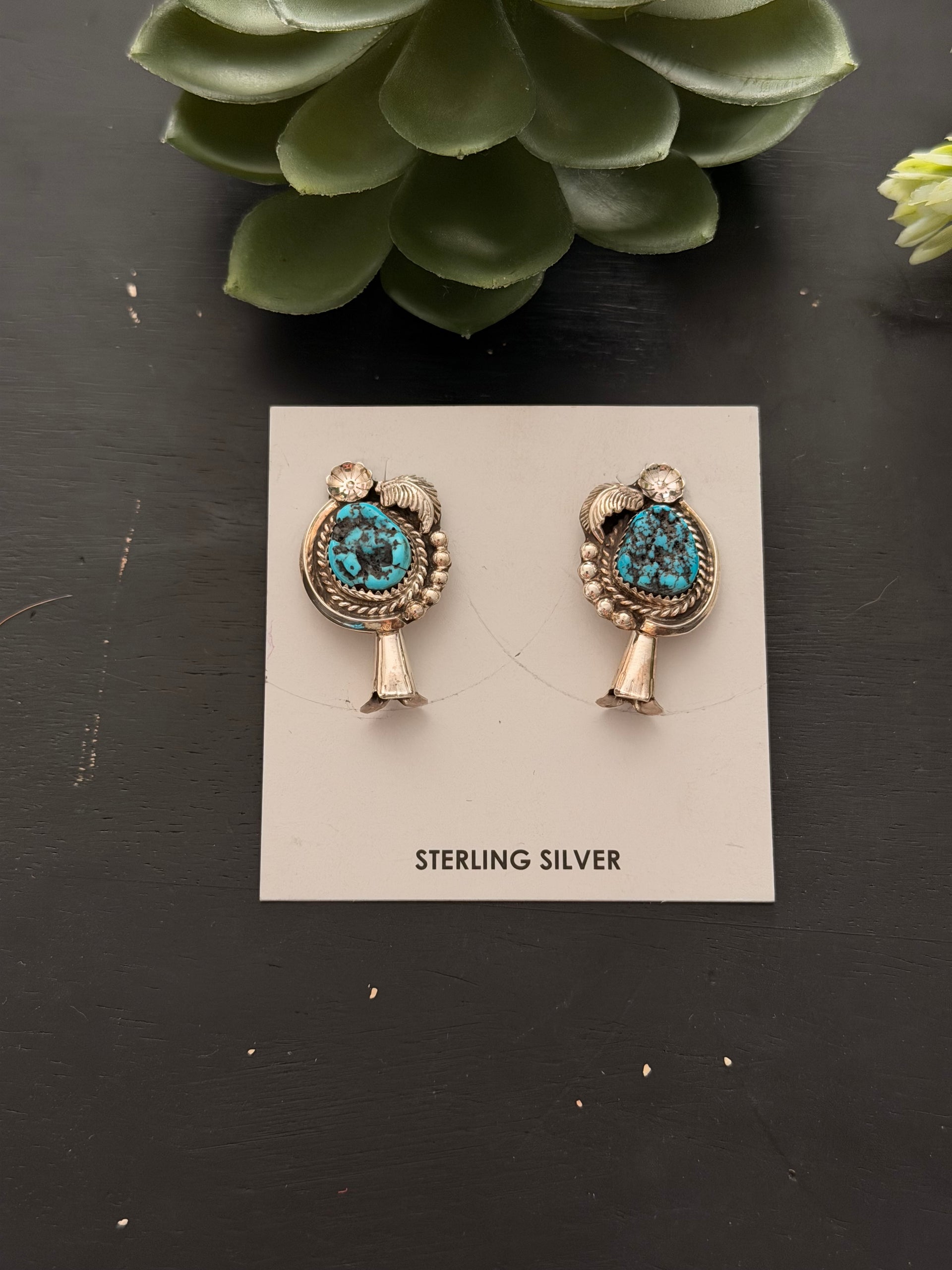 Donovan Nez Kingman Turquoise & Sterling Silver Post Dangle Blossom Earrings