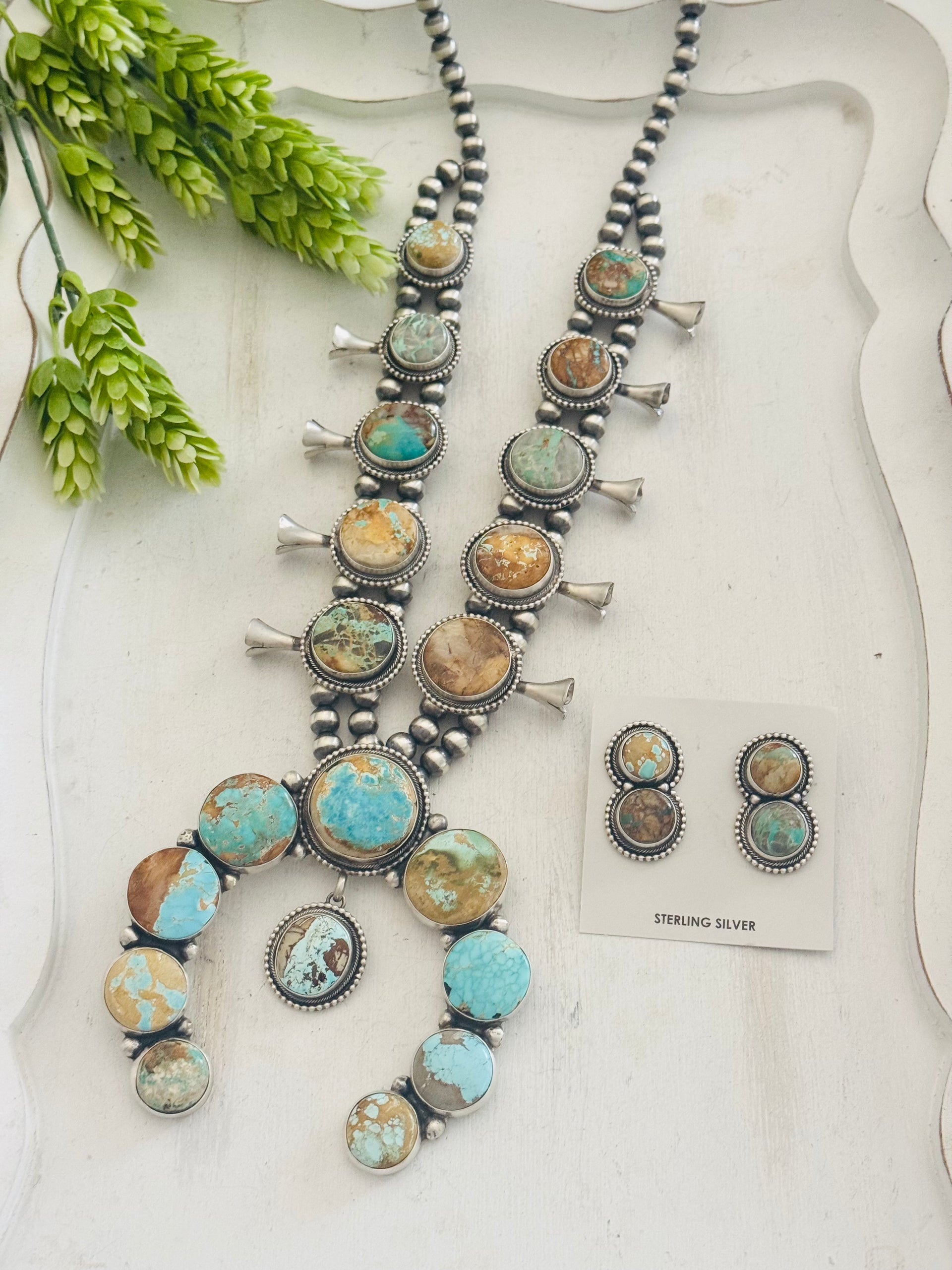 Darrin Livingston Royston Turquoise & Sterling Silver Squash Blossom Necklace Set