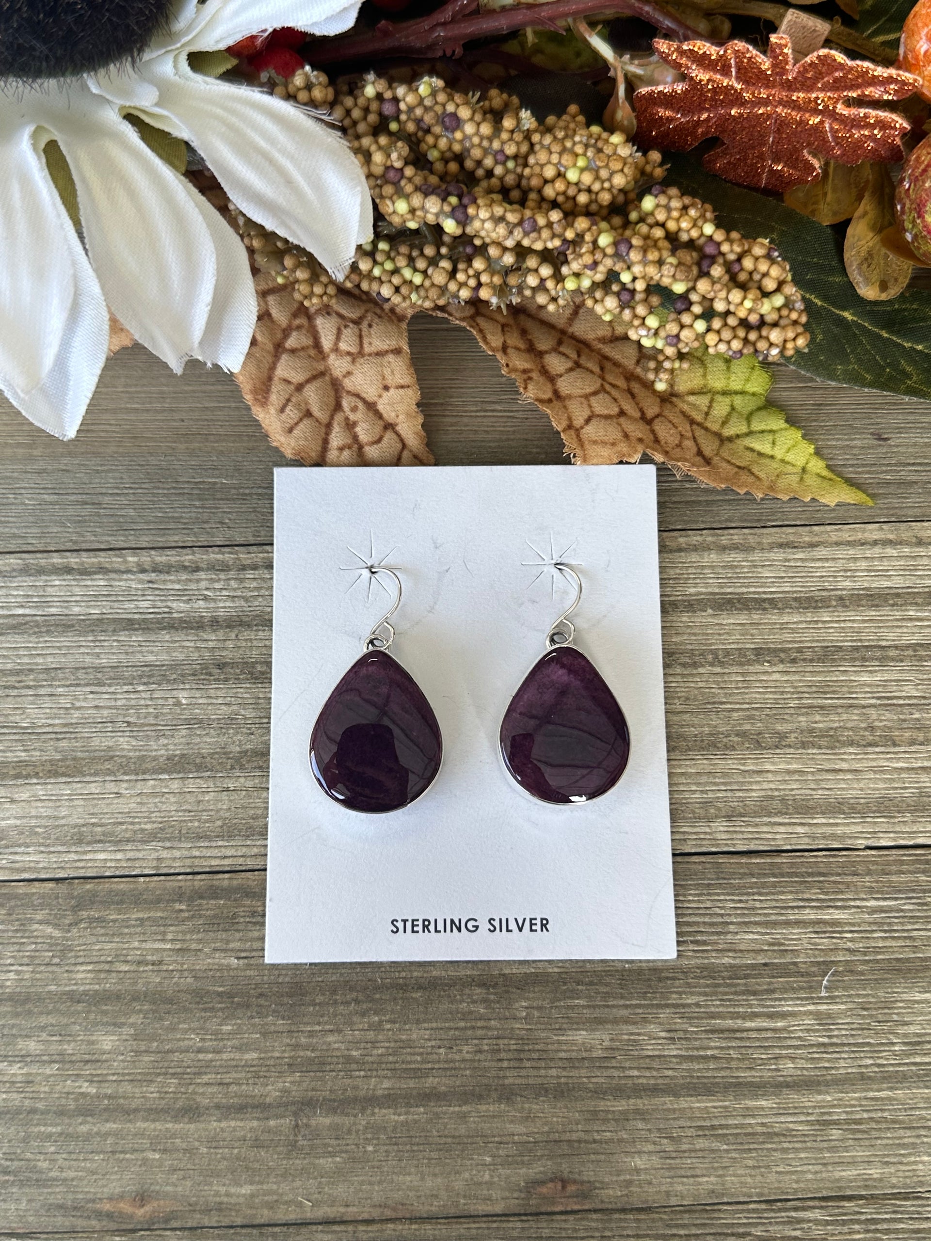 Navajo Made Purple Spiny Oyster & Sterling Silver Dangle Earrings