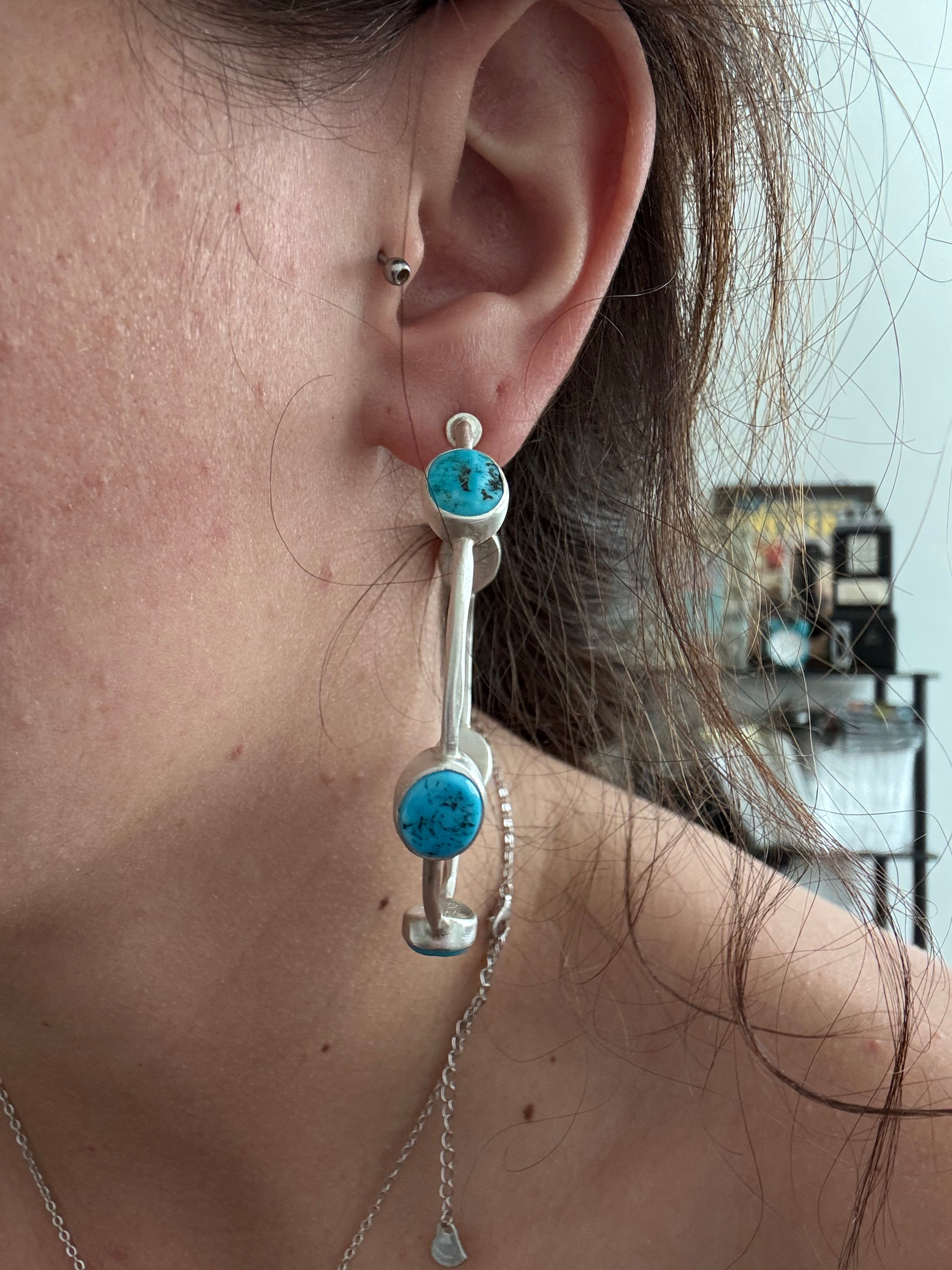 Navajo Made Kingman Turquoise & Sterling Silver Post Dangle Hoop Earrings