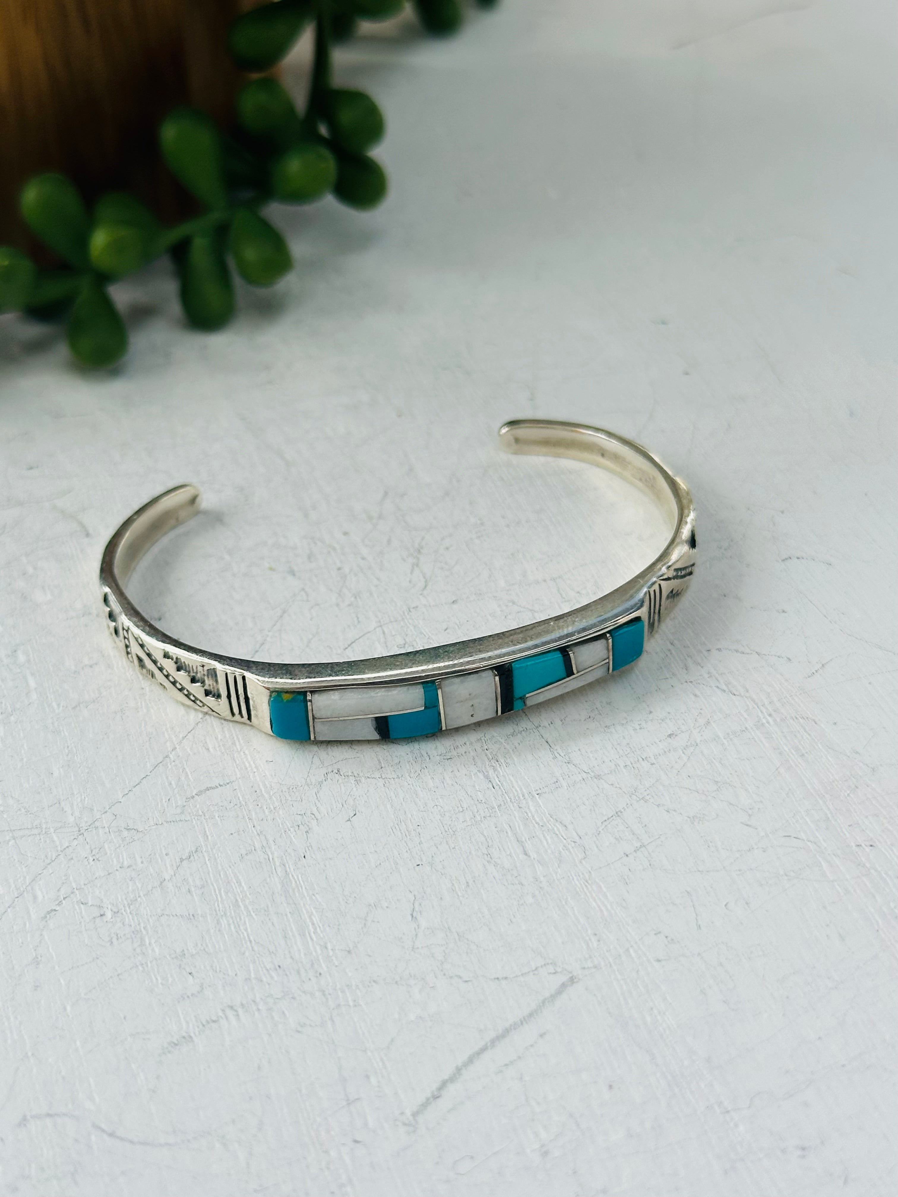 Navajo Made Multi Stone & Sterling Silver Inlay Cuff Bracelet