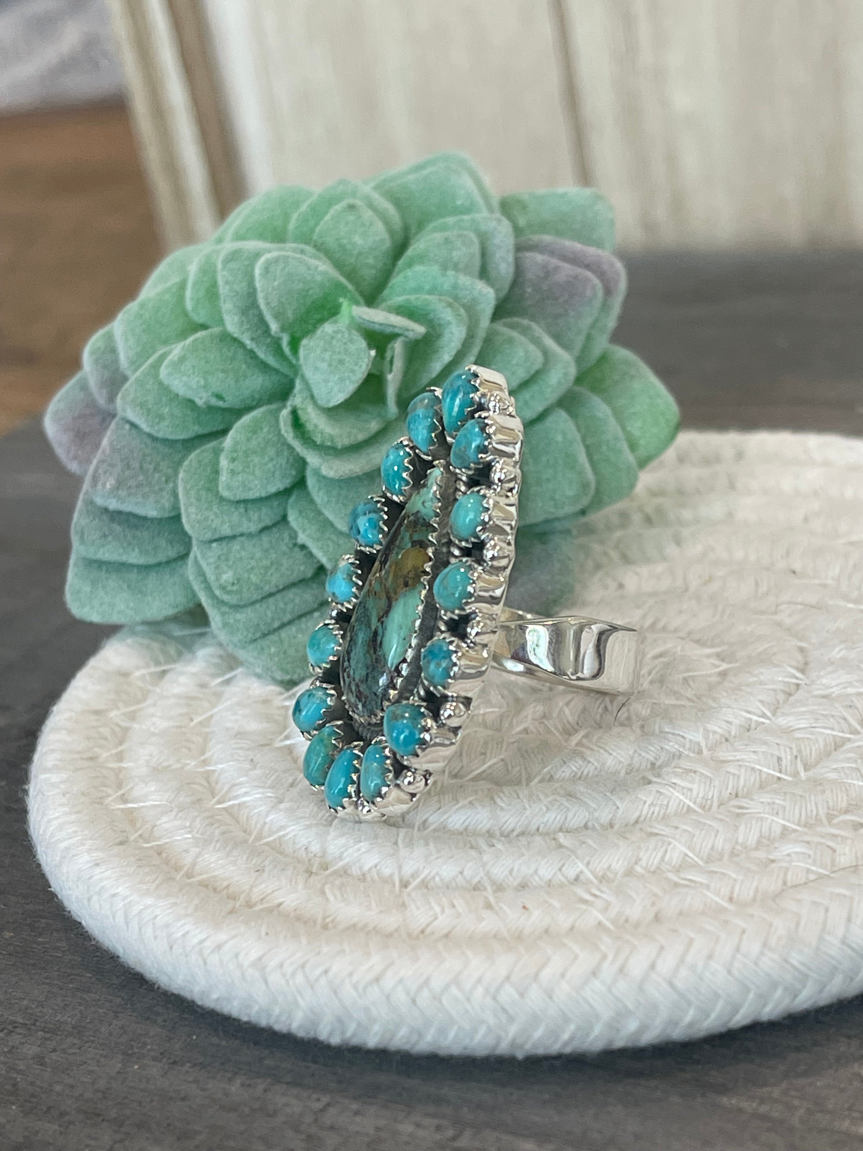 Southwest Handmade BlackJack Turquoise And Kingman Turquoise & Sterling Silver Adjustable Ring